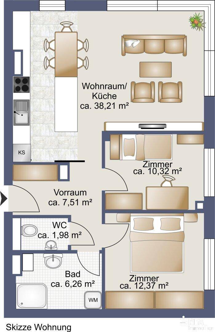 Grundriss einer Wohnung mit Wohnraum, Küche, Bad und zwei Zimmern.
