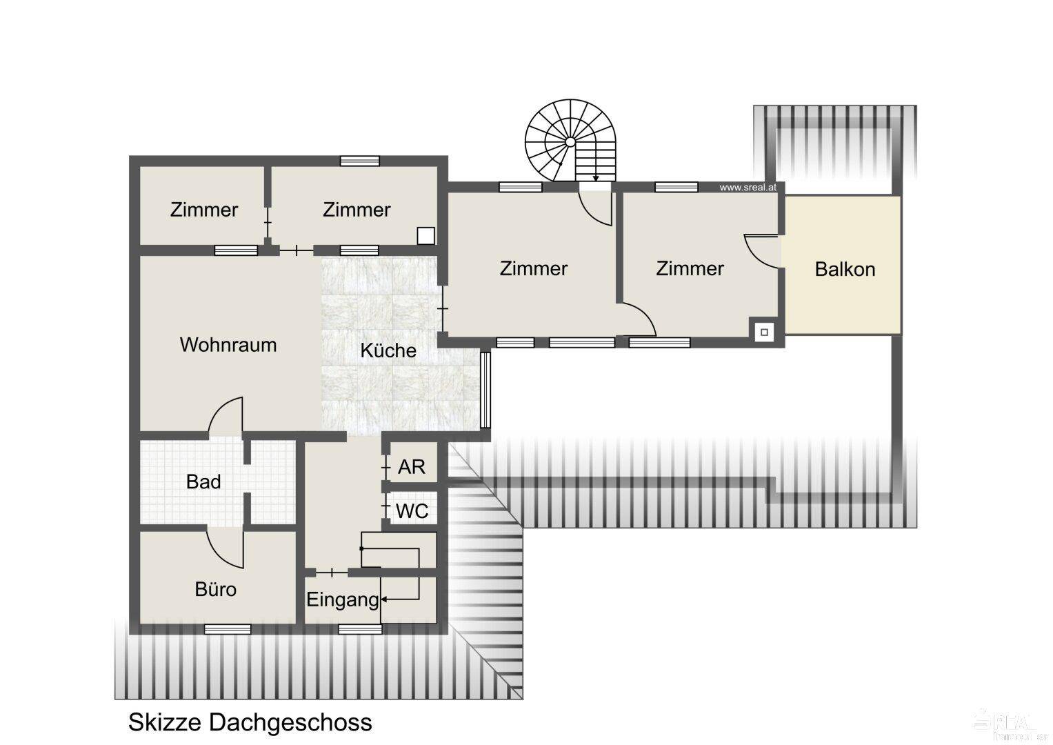Grundriss des Dachgeschosses mit mehreren Zimmern, Bad, WC und Balkon.
