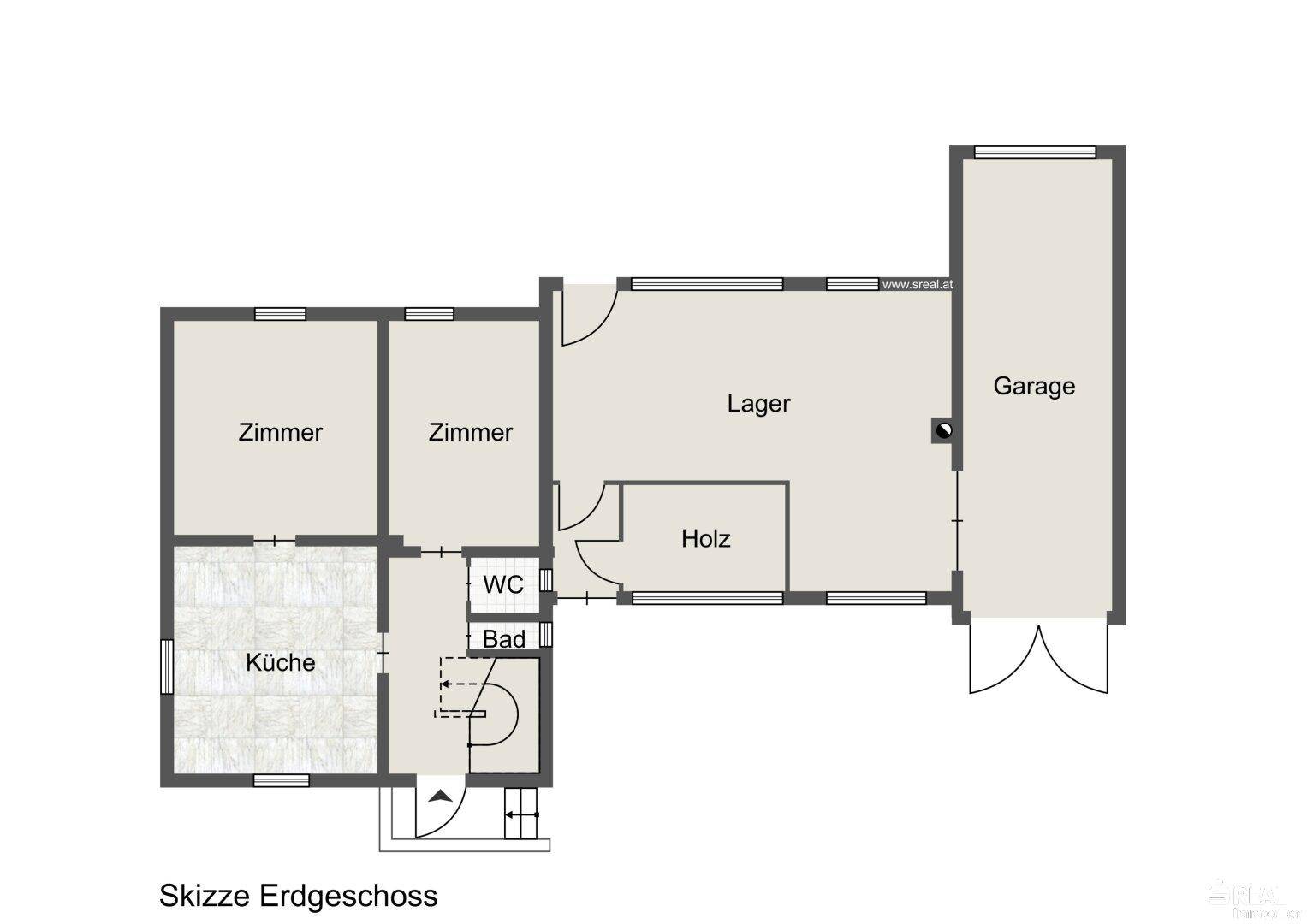 Grundriss des Erdgeschosses mit Zimmern, Küche, Bad, WC, Lager und Garage.