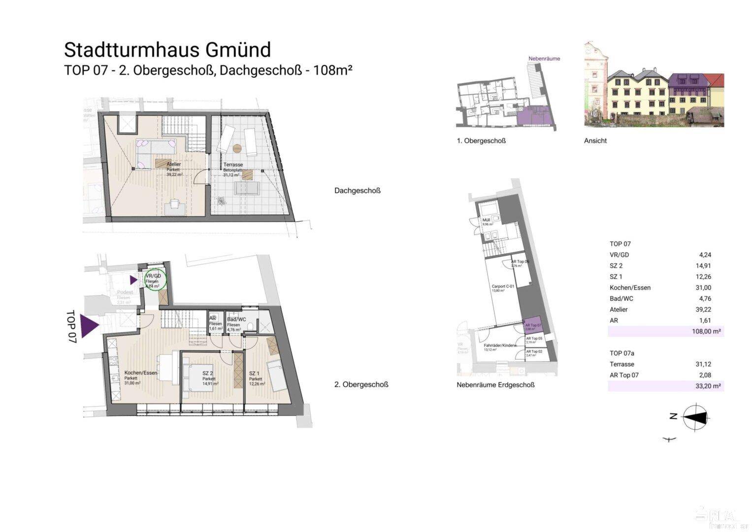Grundriss des Stadtturmhauses Gmünd, Top 07, mit zwei Obergeschossen und Dachgeschoss.