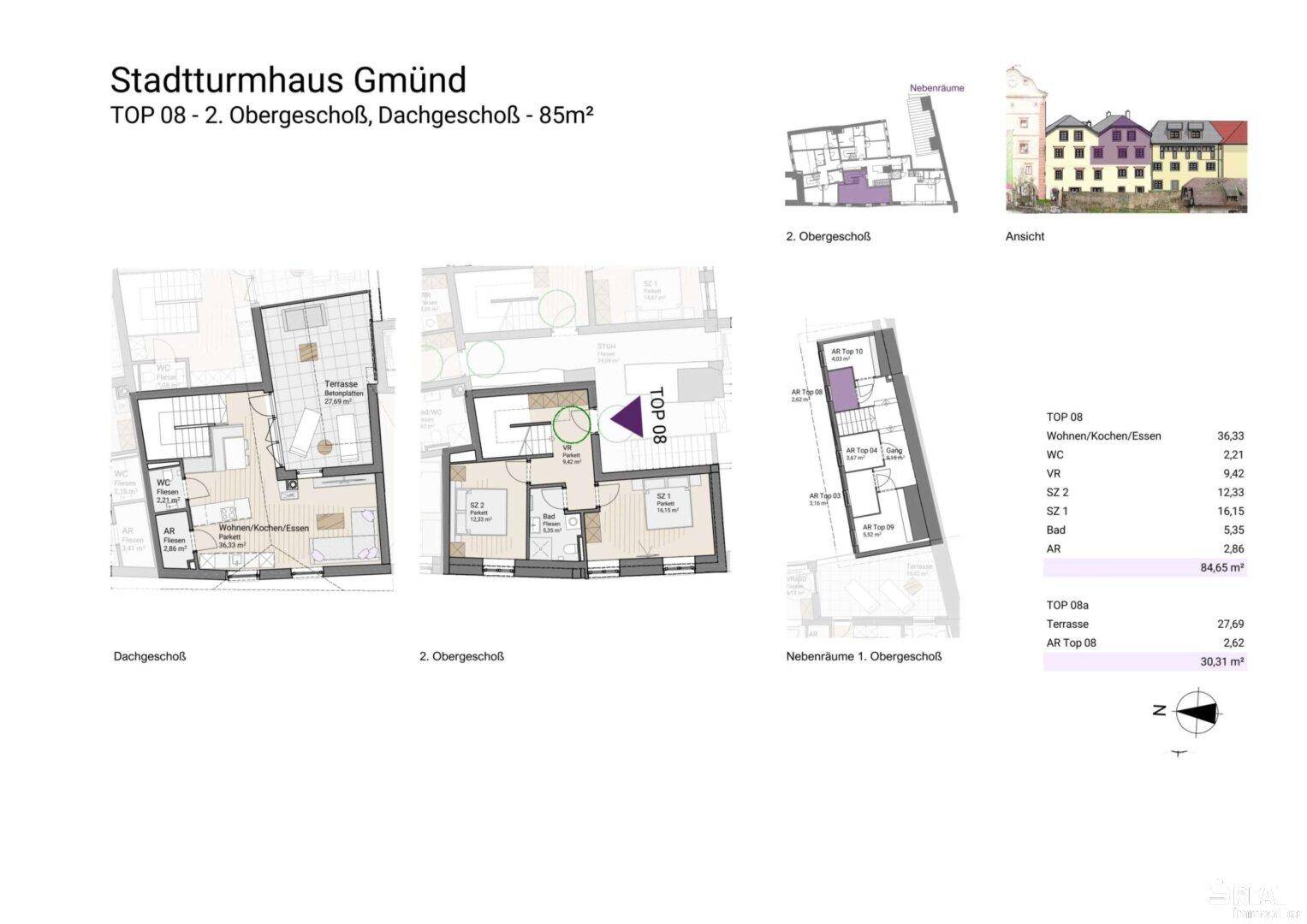 Grundrisspläne für das 2. Obergeschoss und Dachgeschoss zeigen einen offenen Wohnbereich mit Terrasse und zwei Schlafzimmer.
