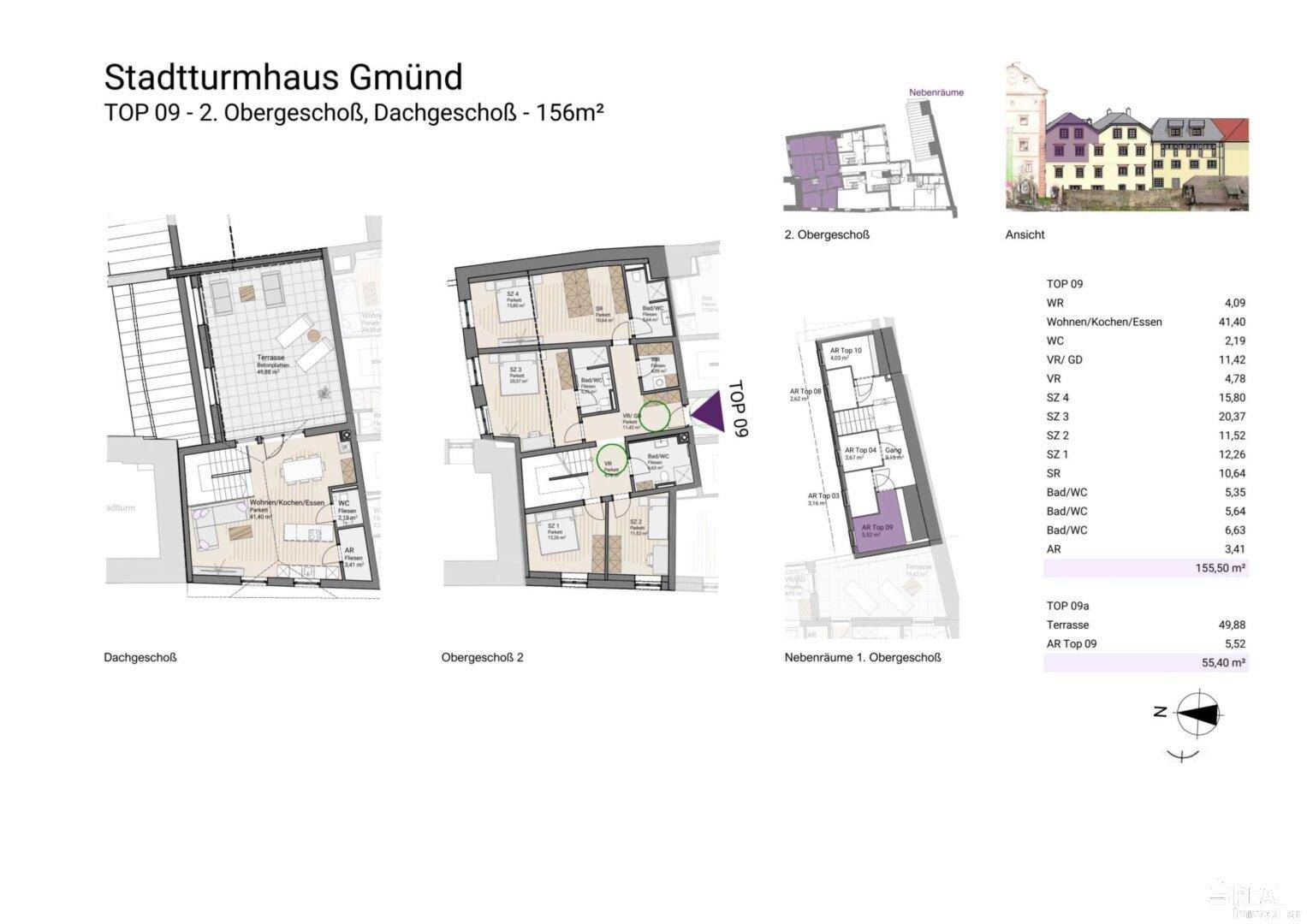Grundriss des Stadtturmhauses Gmünd mit mehreren Ebenen, offenem Wohnbereich und Terrassenzugang.