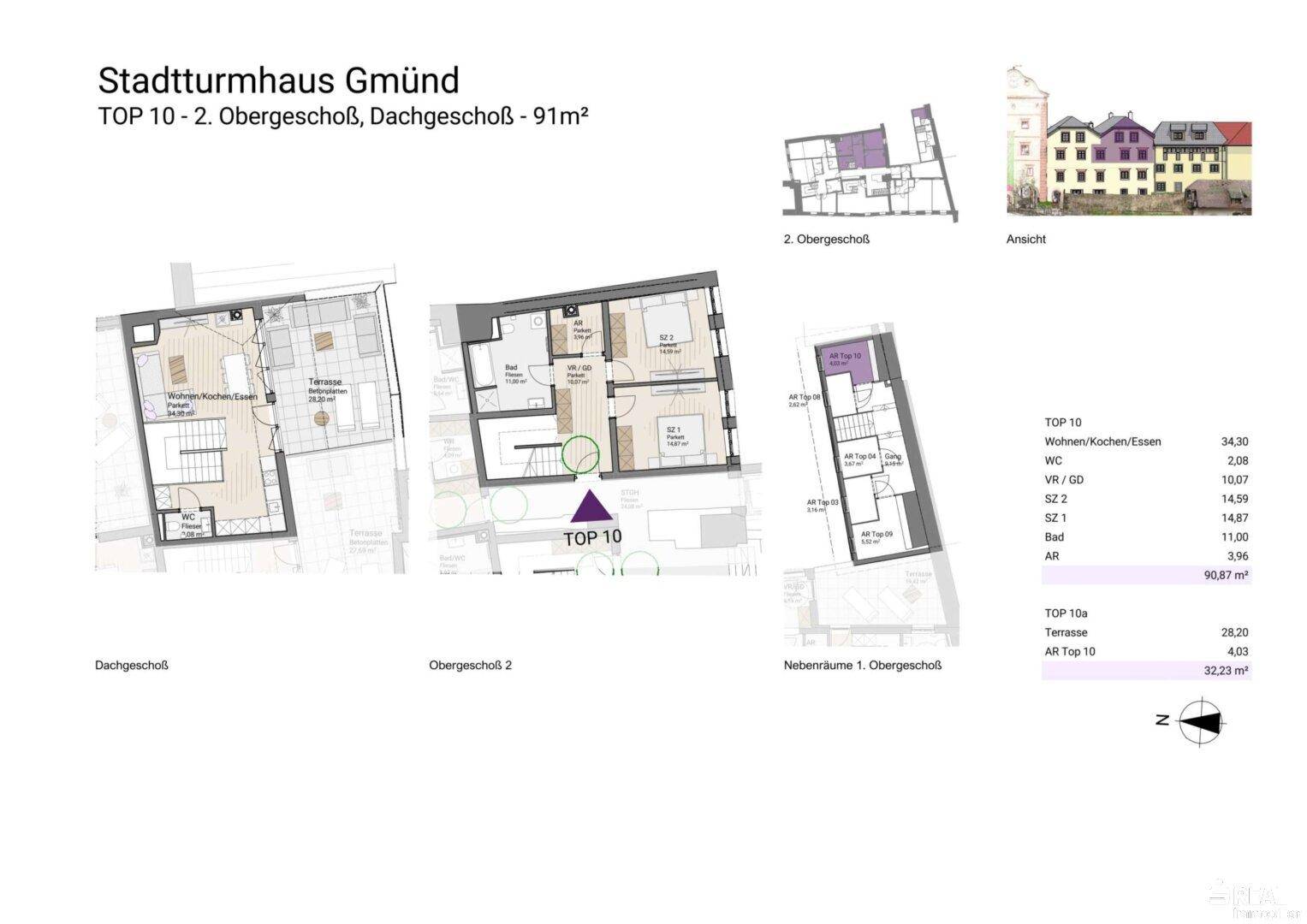 Übersicht der Grundrisse für das Dachgeschoss und die Obergeschosse mit Terrasse und Balkonen.