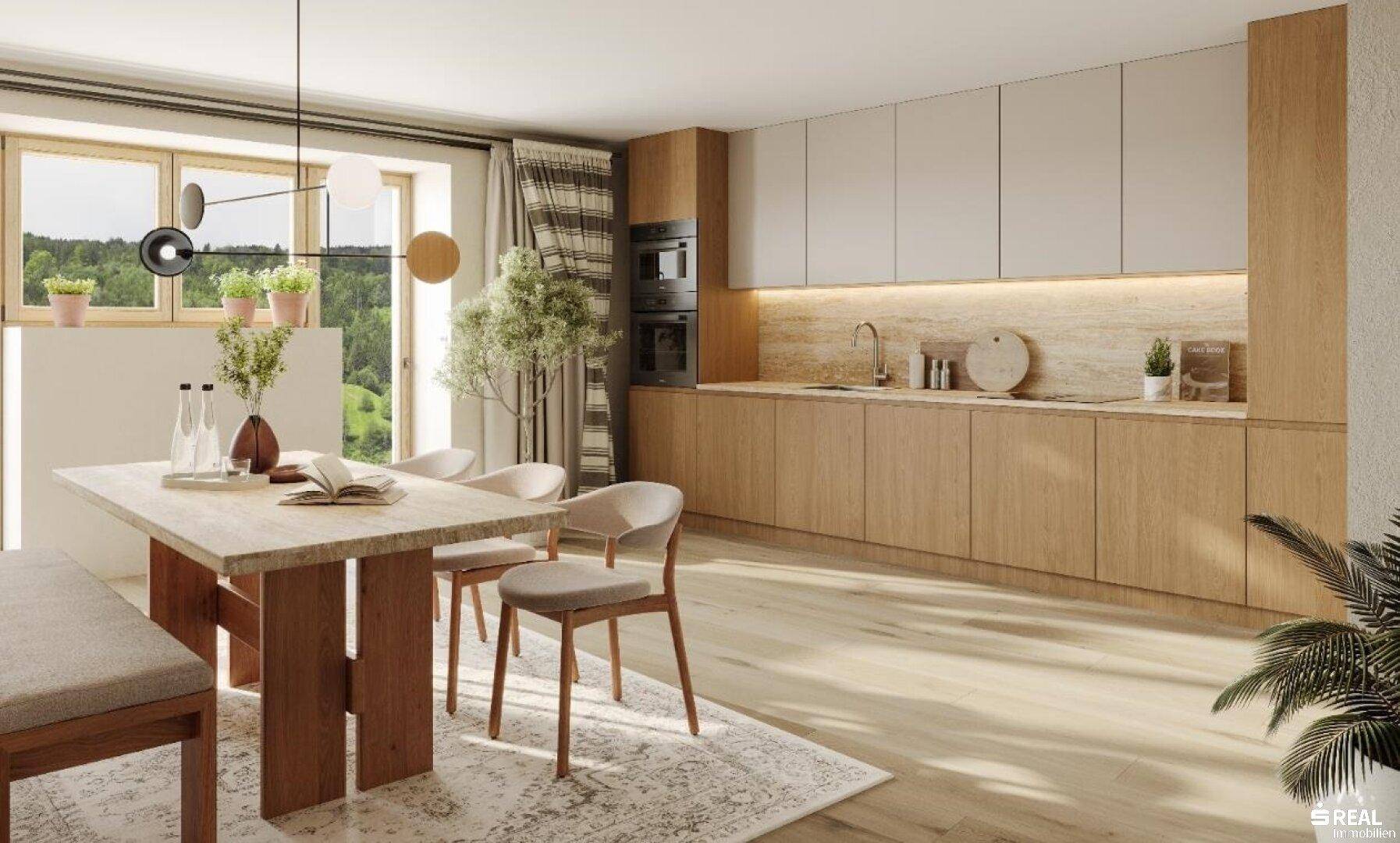 Moderne Wohnküche mit Holzelementen, integrierten Geräten und Essbereich mit Blick ins Grüne.