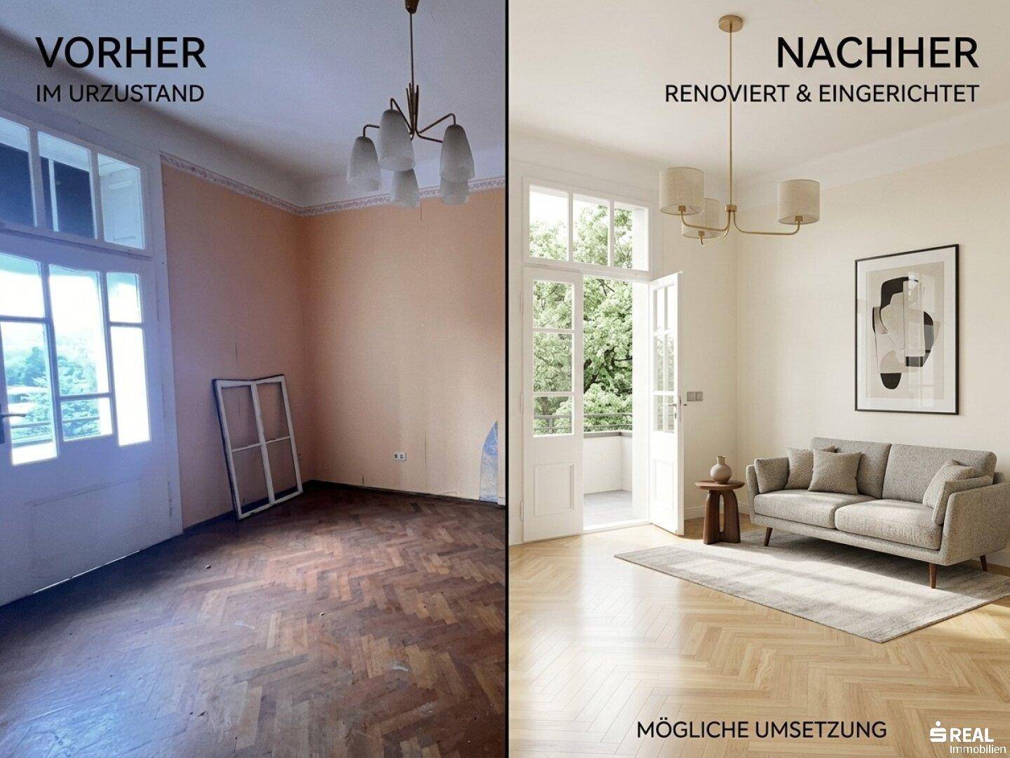 Renoviertes Wohnzimmer mit Parkettboden, modernem Sofa und Zugang zu einem Balkon.