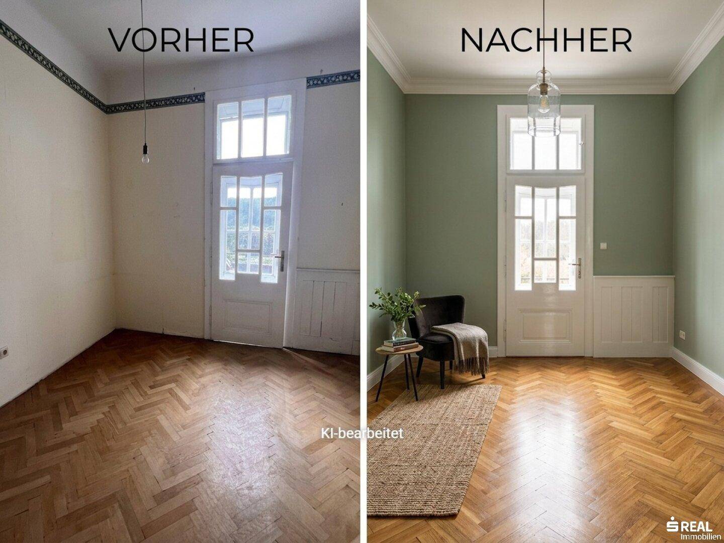 Renovierter Raum mit grün gestrichenen Wänden, Holzvertäfelung und Fischgrätparkett.