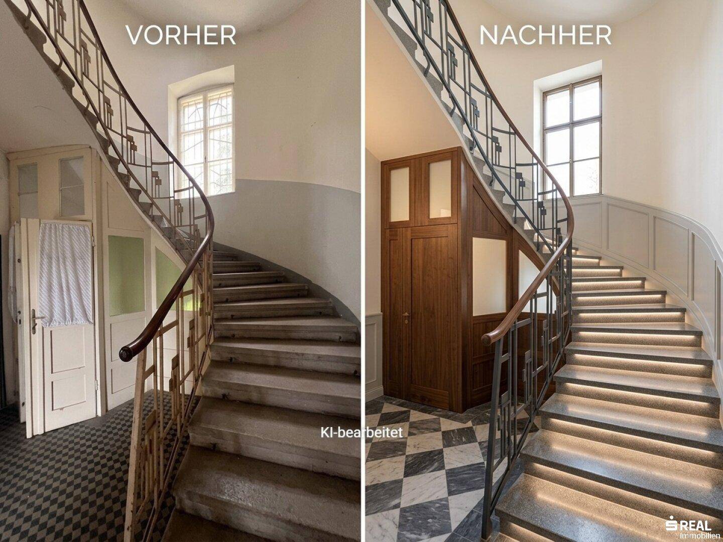 Renovierte Treppe mit moderner Beleuchtung, dunklem Holzschrank und Schachbrettfliesen.