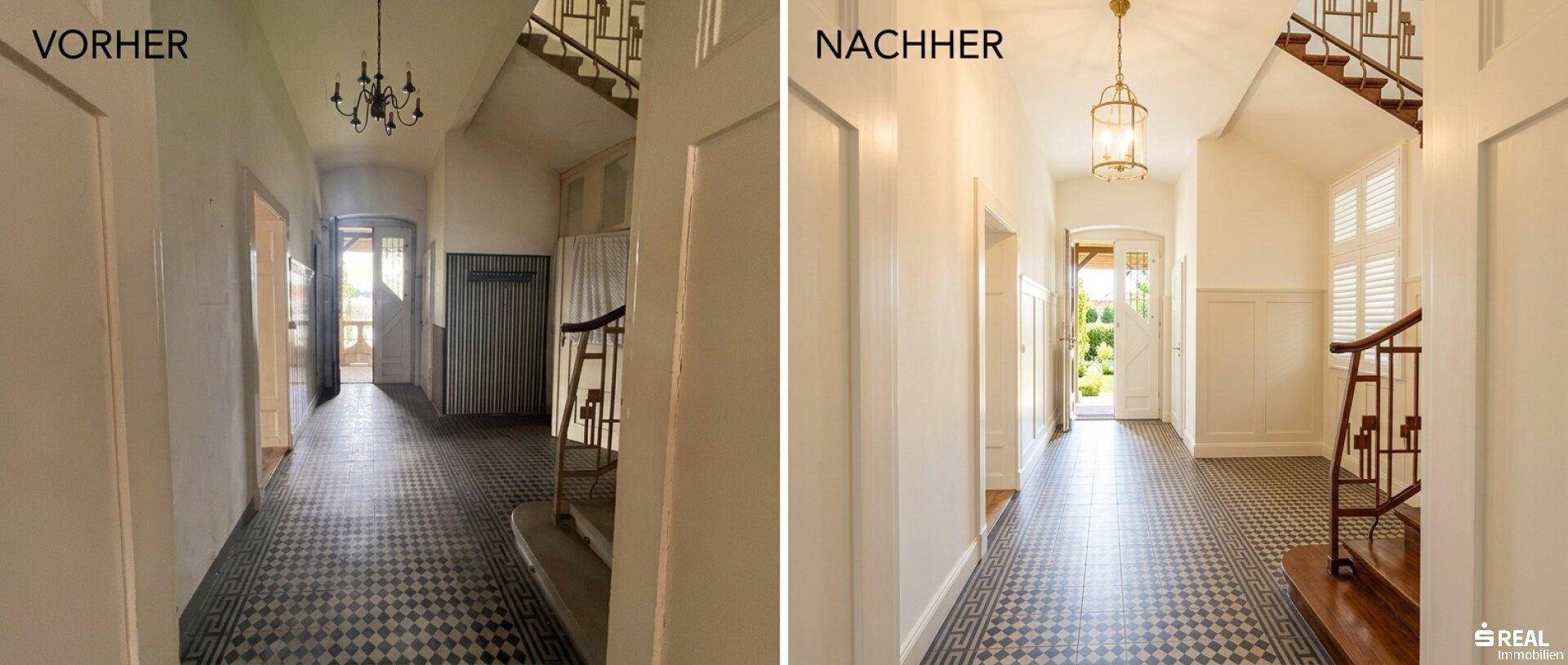 Vergleich des Flurs vor und nach der Renovierung mit neuem Anstrich und moderner Beleuchtung.