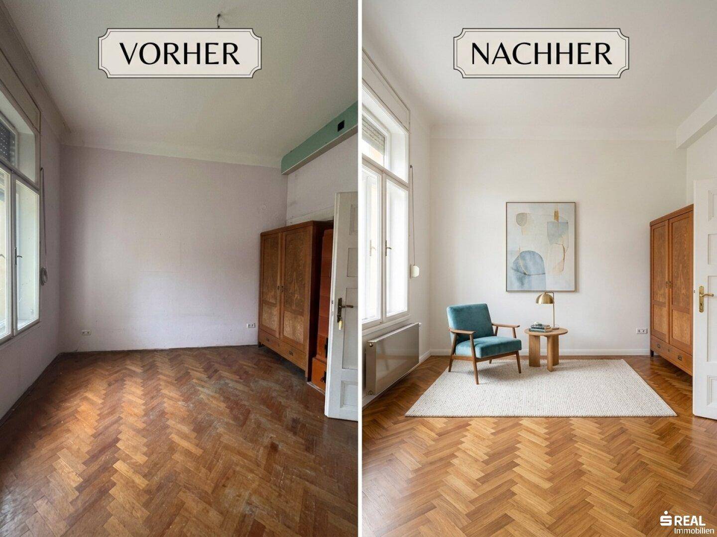 Renovierter Raum mit Fischgrätparkett, modernem Sessel und Kunstwerk an der Wand.