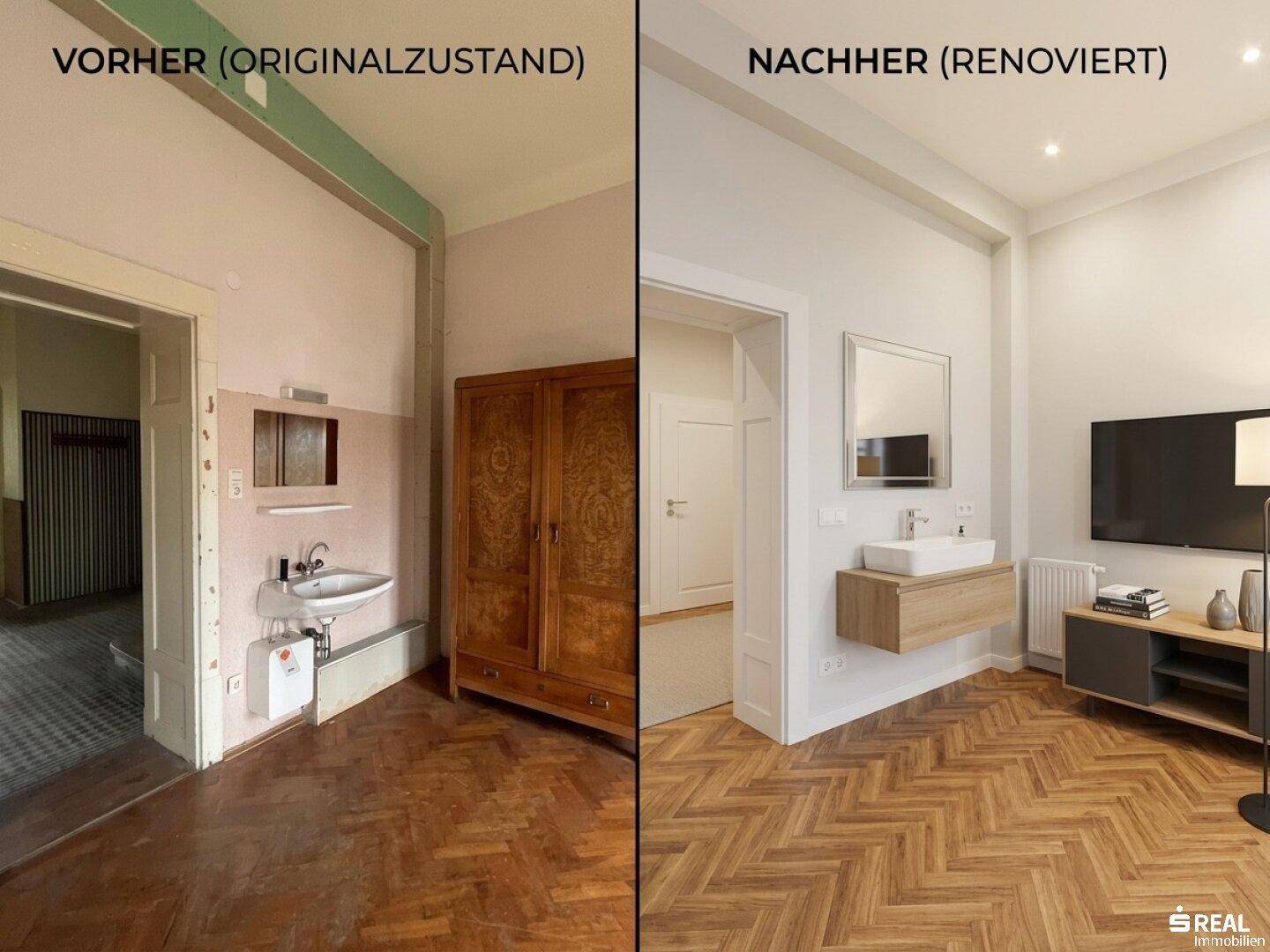 Renoviertes Badezimmer mit modernem Waschtisch, Spiegel und Fischgrätparkett.