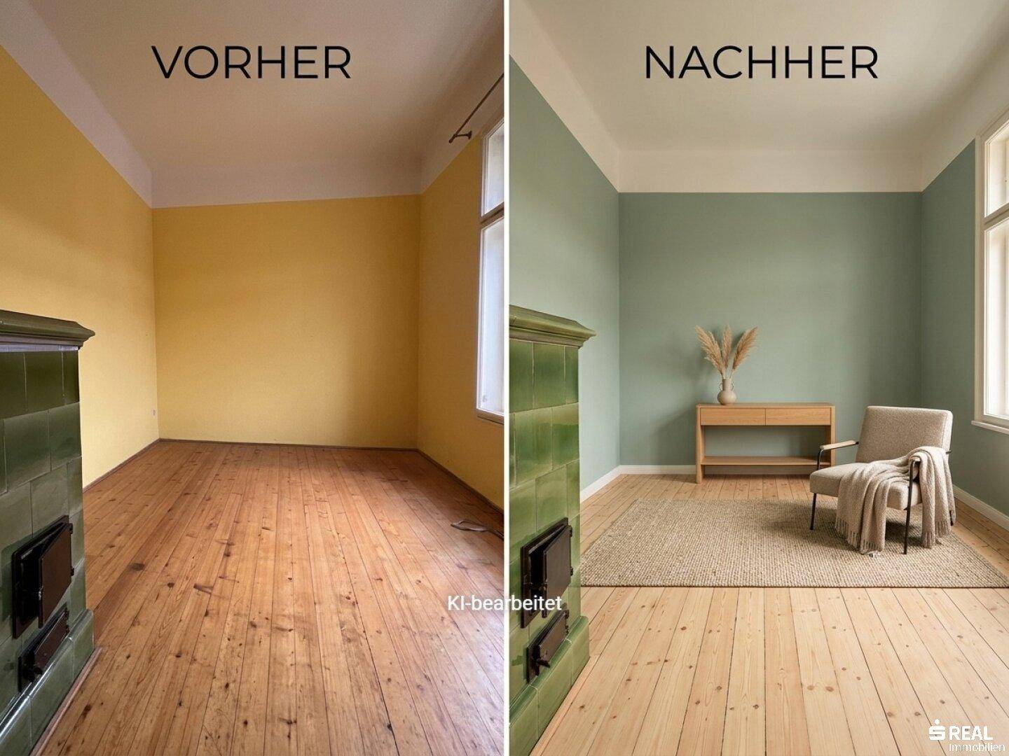 Renovierter Raum mit Holzboden, grünem Kachelofen und moderner Einrichtung.