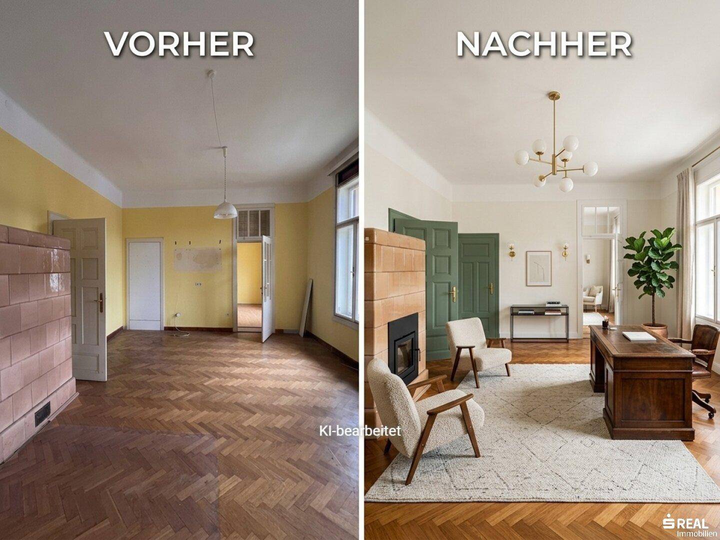Renoviertes Büro mit Fischgrätparkett, Kachelofen und stilvoller Einrichtung.