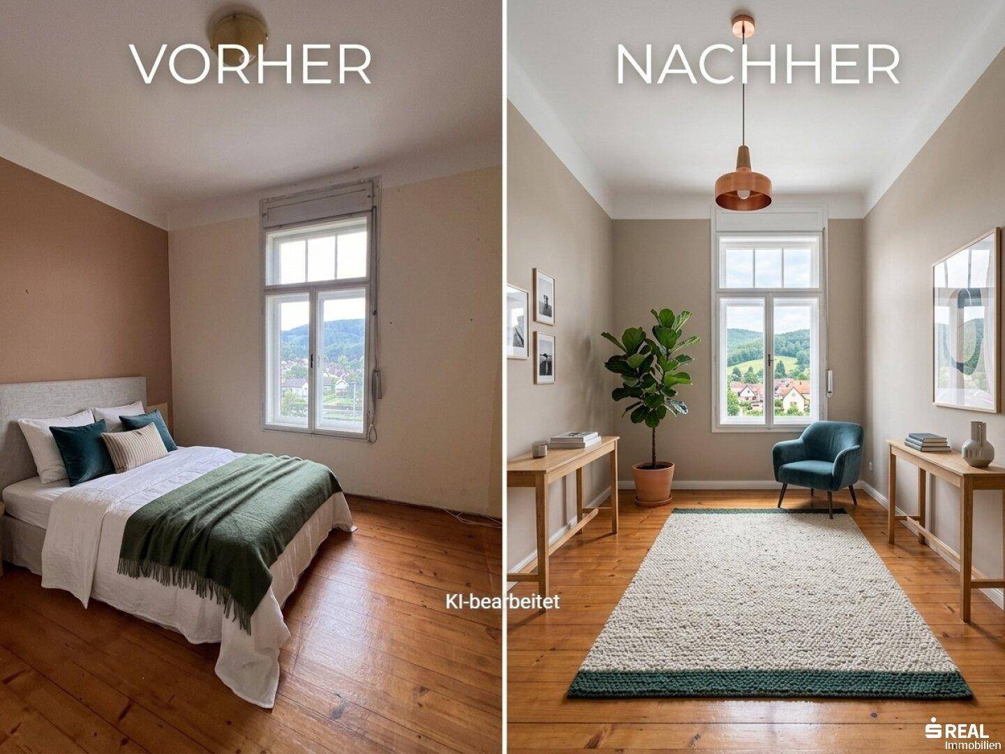 Vergleich eines Schlafzimmers vor und nach der Renovierung mit moderner Einrichtung und Ausblick.
