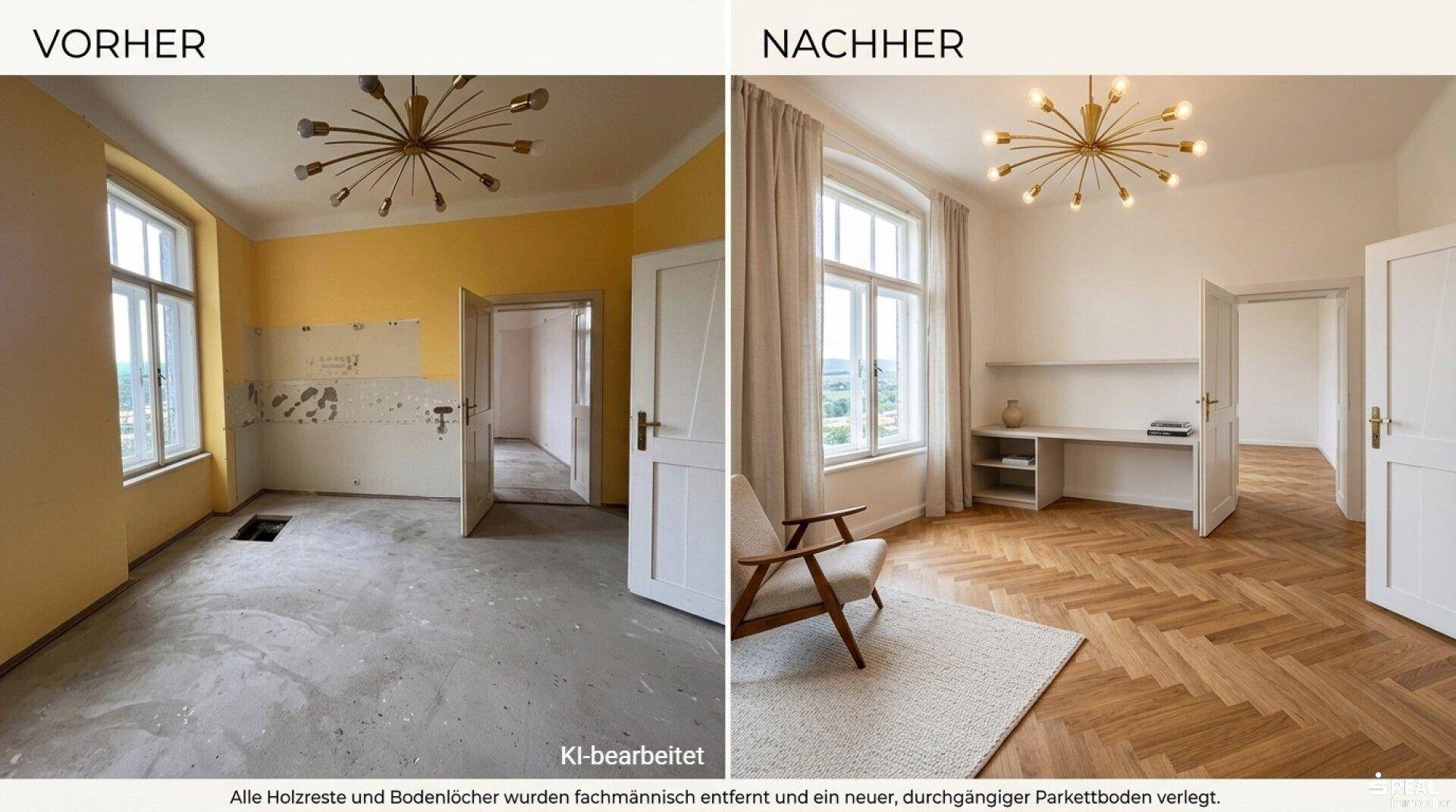 Renovierter Wohnraum mit Fischgrätparkett, hohen Decken und moderner Beleuchtung nach der Sanierung.