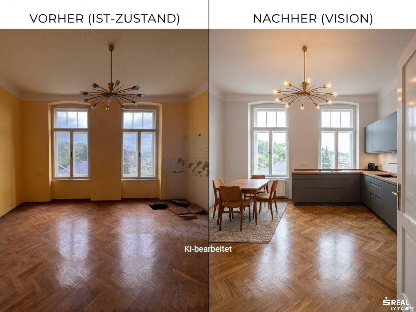 Vision einer modernen Küche mit grauen Schränken und Essbereich auf Fischgrätparkett.