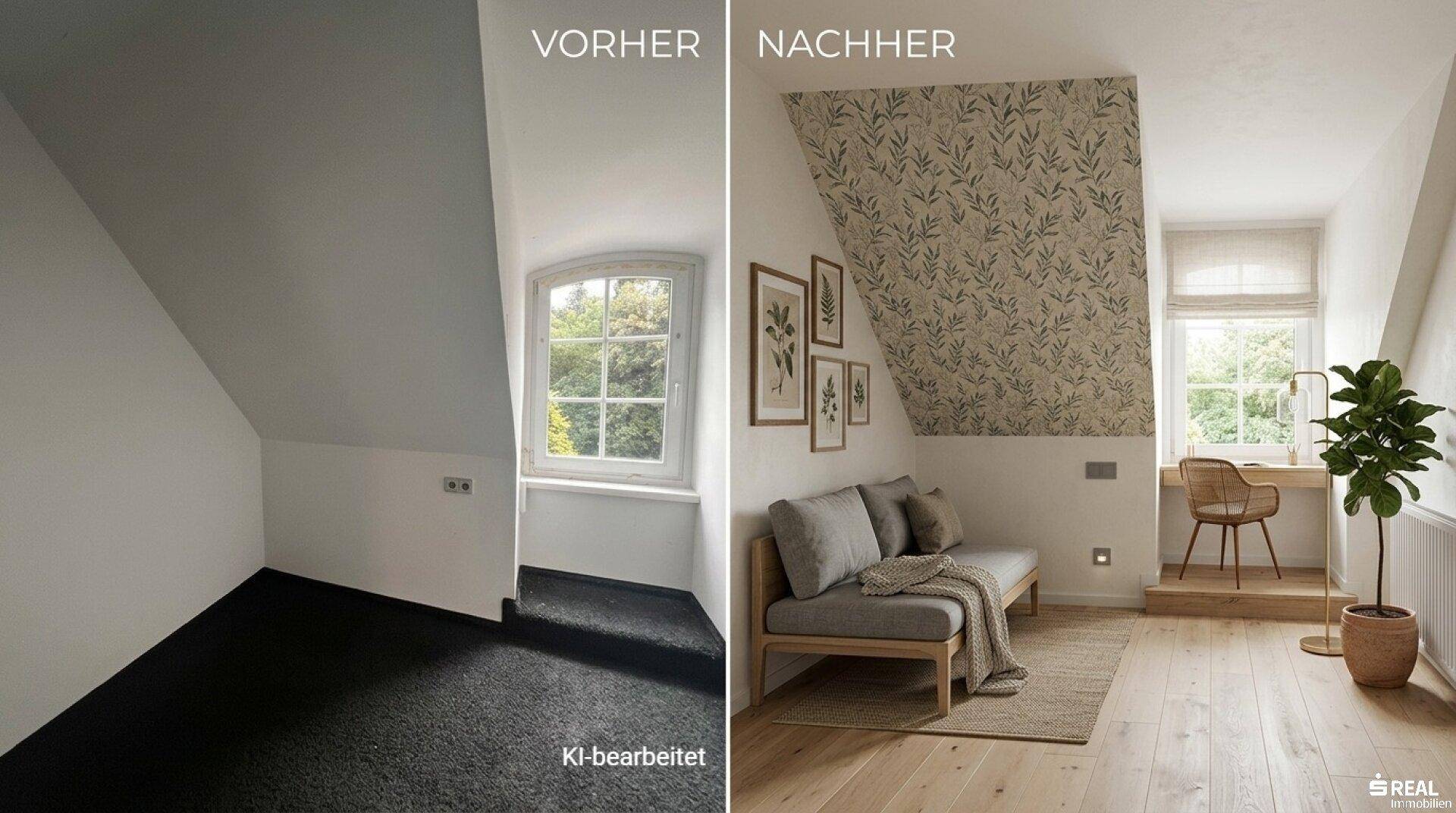 Helles Dachzimmer, vor und nach der Renovierung, mit Schreibtisch und gemütlicher Sitzecke.