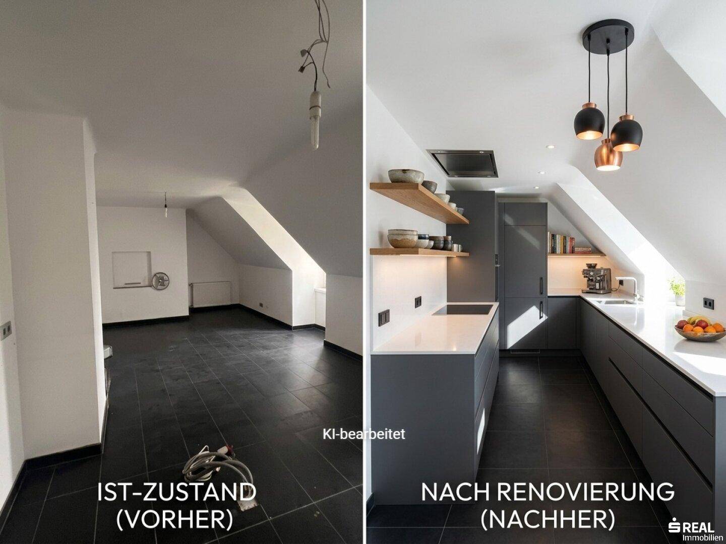 Moderne Küche im Dachgeschoss, vor und nach der Renovierung, mit Kücheninsel und dunklen Schränken.