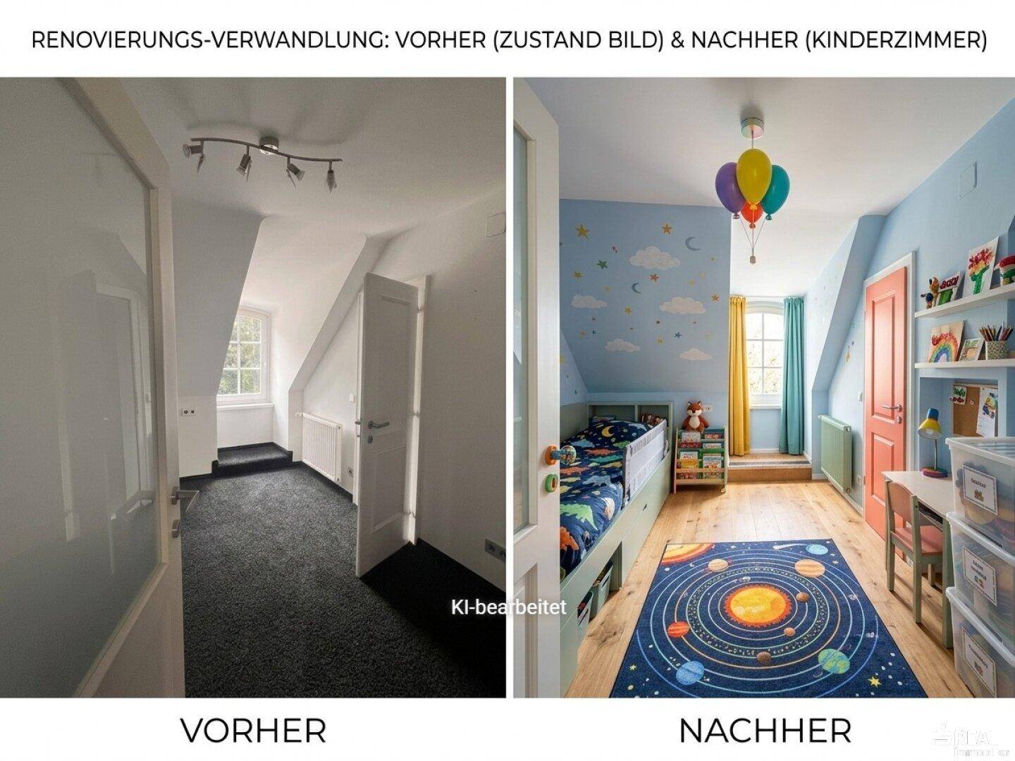 Farbenfrohes Kinderzimmer im Dachgeschoss, vor und nach der Renovierung, mit spielerischer Dekoration.