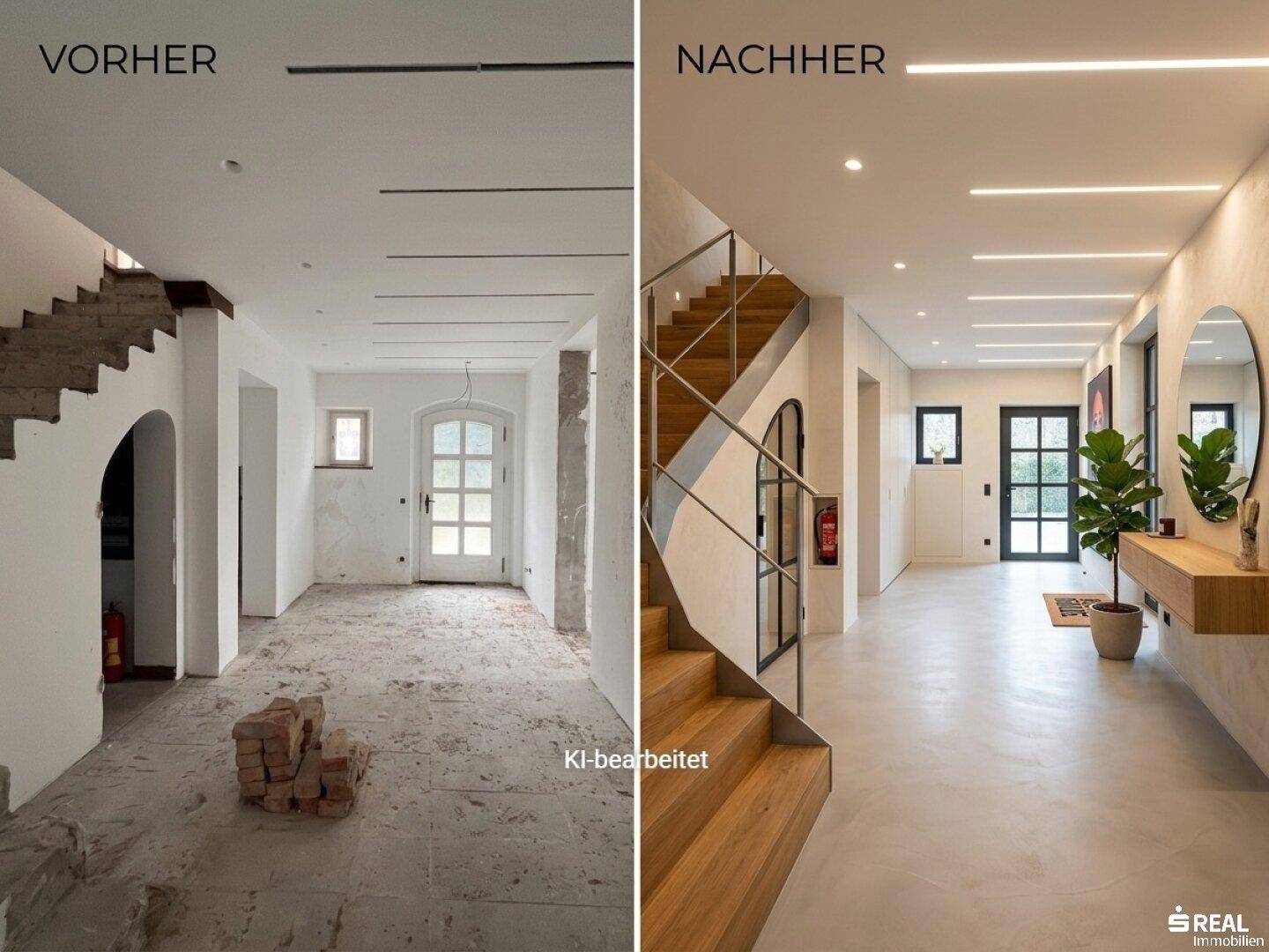 Heller Eingangsbereich mit moderner Treppe und indirekter Beleuchtung, vor und nach der Renovierung.