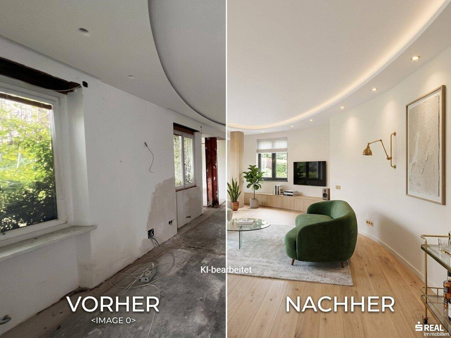 Gemütliches Wohnzimmer mit geschwungener Decke und Holzboden, vor und nach der Renovierung.