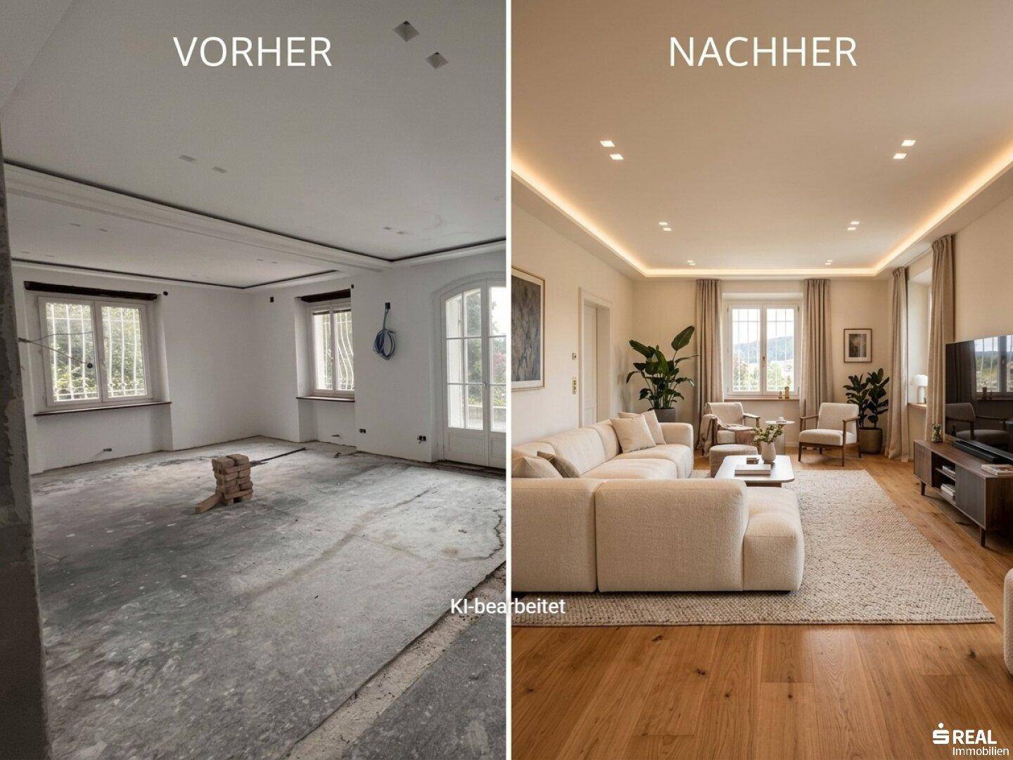 Geräumiges Wohnzimmer mit Parkettboden und großen Fenstern, vor und nach der Renovierung.