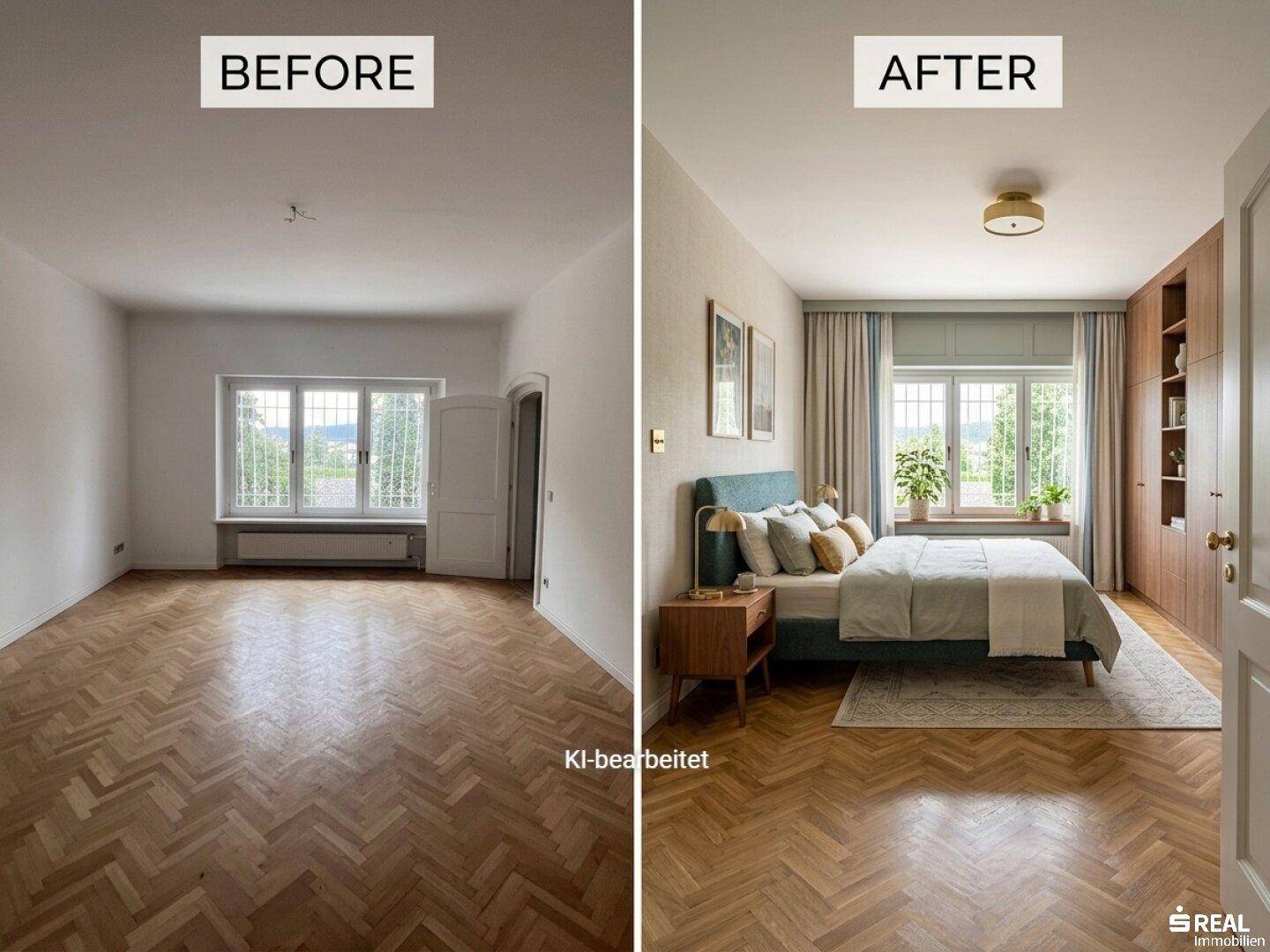 Schlafzimmer mit Fischgrätparkett und Einbauschränken, vor und nach der Renovierung.