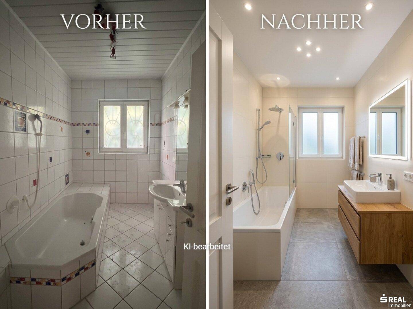 Modernisiertes Badezimmer mit Badewanne und Dusche, vor und nach der Renovierung.