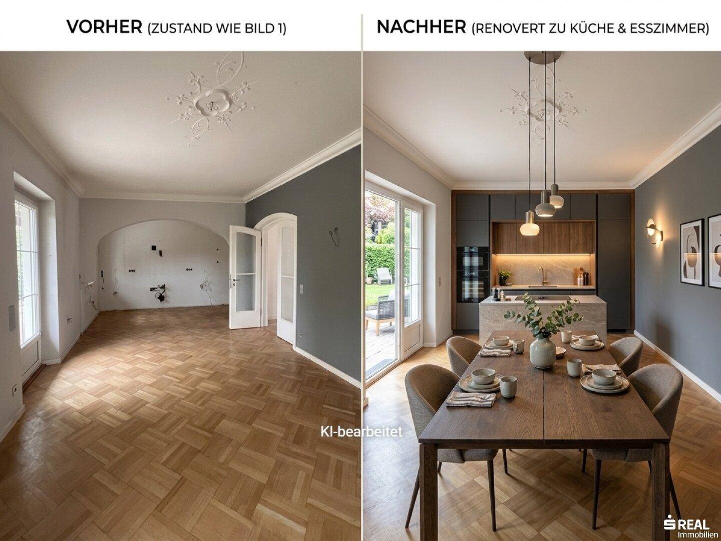 Offener Küchen- und Essbereich mit Holzboden und Zugang zum Garten, vor und nach der Renovierung.