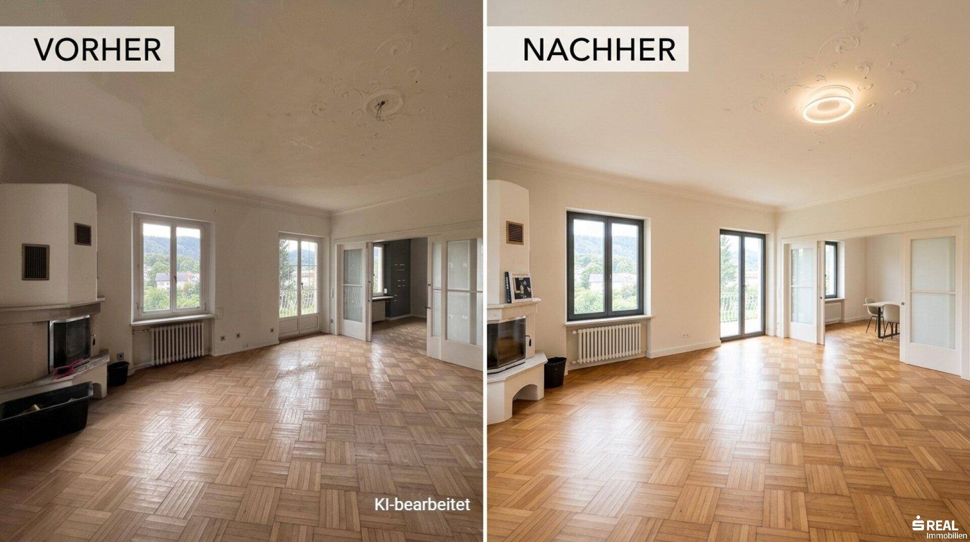 Geräumiges Wohnzimmer mit Parkettboden und Kamin, vor und nach der Renovierung.