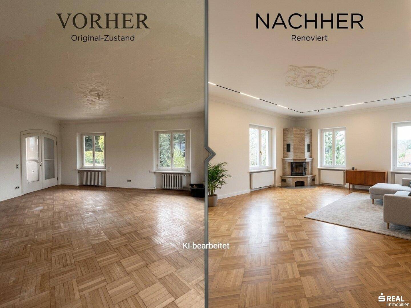 Helles Wohnzimmer mit Parkettboden und Kamin, vor und nach der Renovierung.