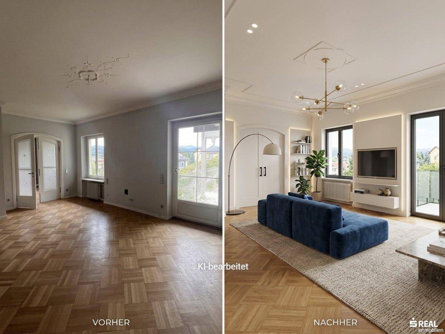 Modernes Wohnzimmer mit Parkettboden und Zugang zum Balkon, vor und nach der Renovierung.