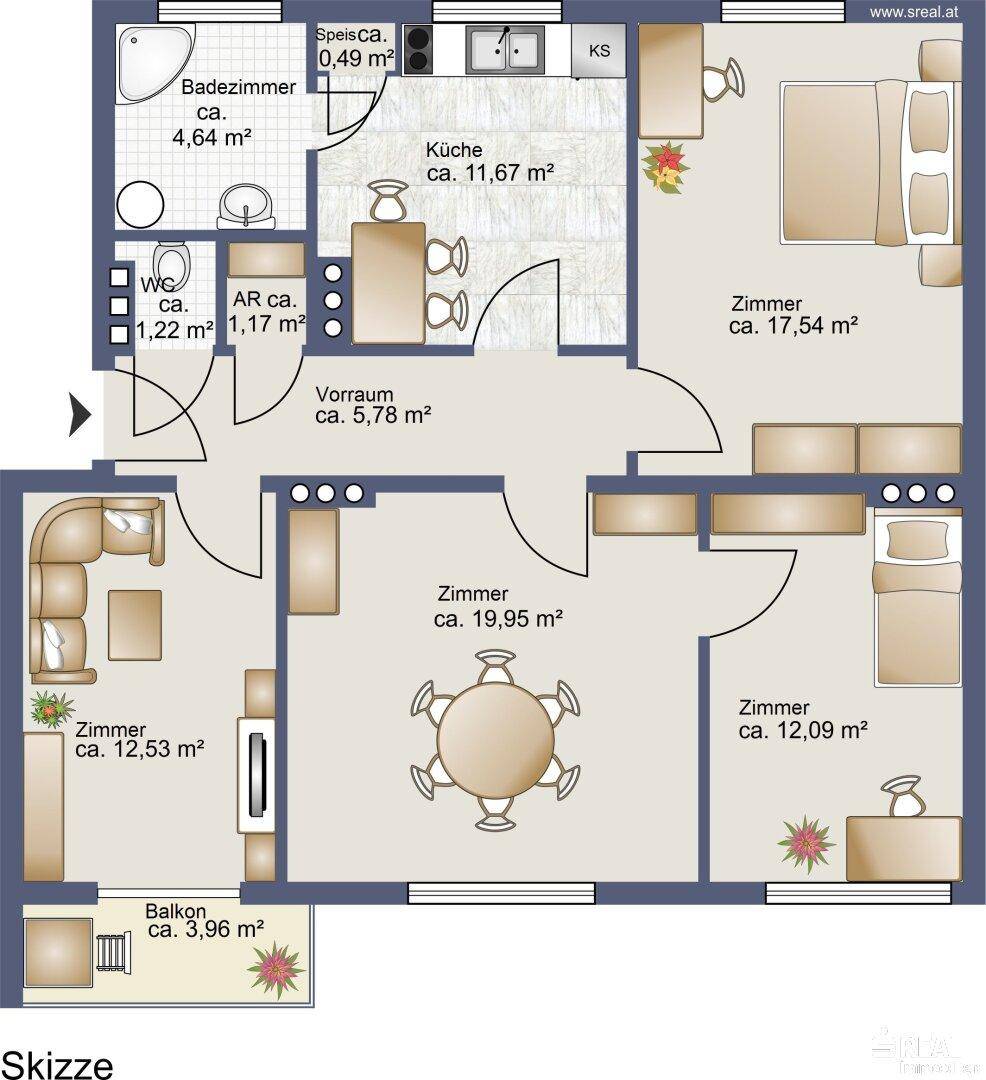 Detaillierter Grundriss der Wohnung mit mehreren Zimmern, Bad, WC, Küche und Balkon.