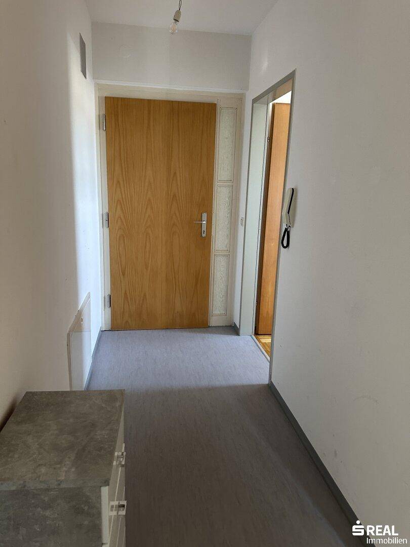 Eingangsbereich mit grauem Bodenbelag, weiß gestrichenen Wänden und einer Holztür.