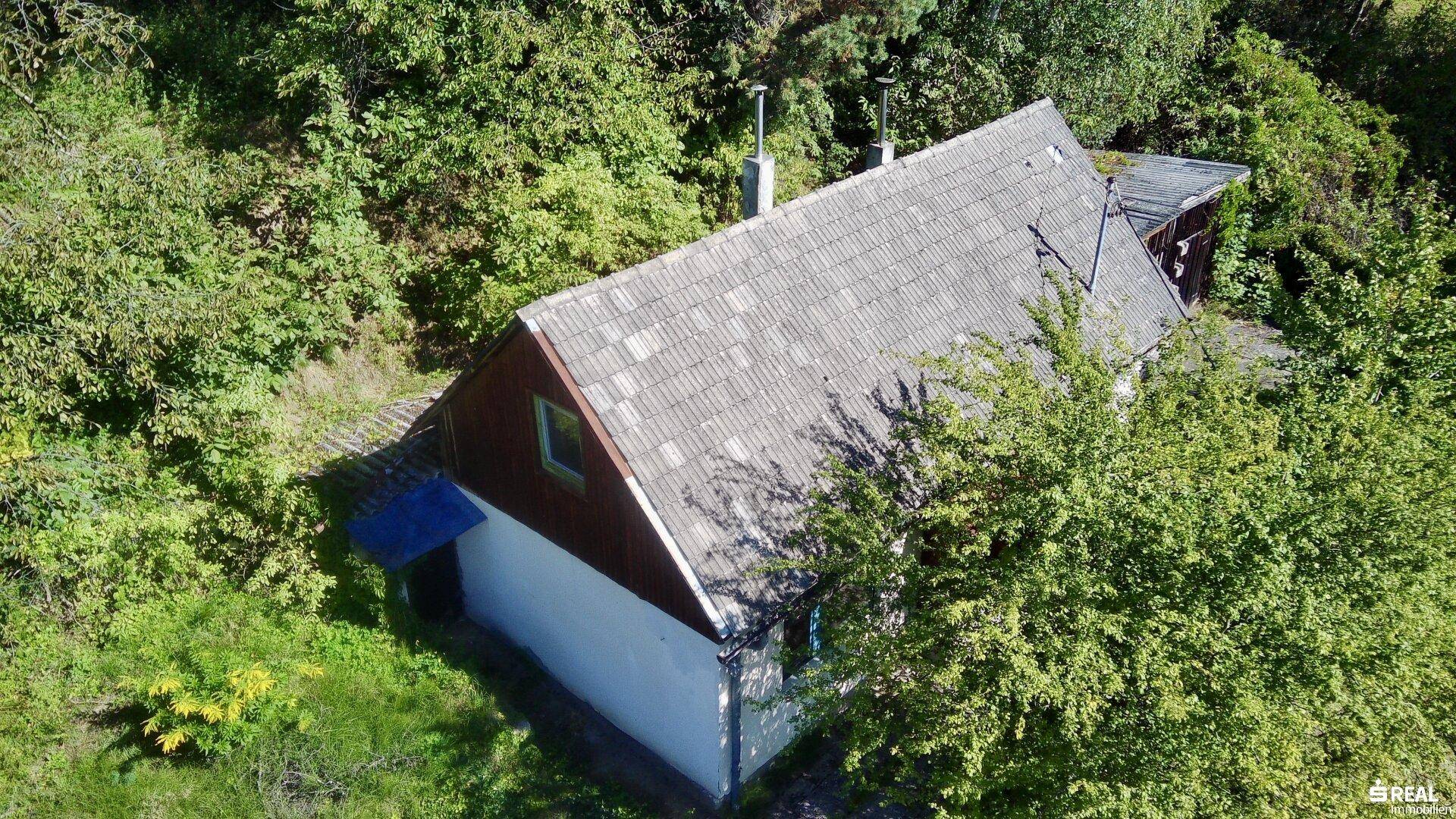 Luftaufnahme des Hauses mit seinem markanten Satteldach, umgeben von üppiger Vegetation und Bäumen.