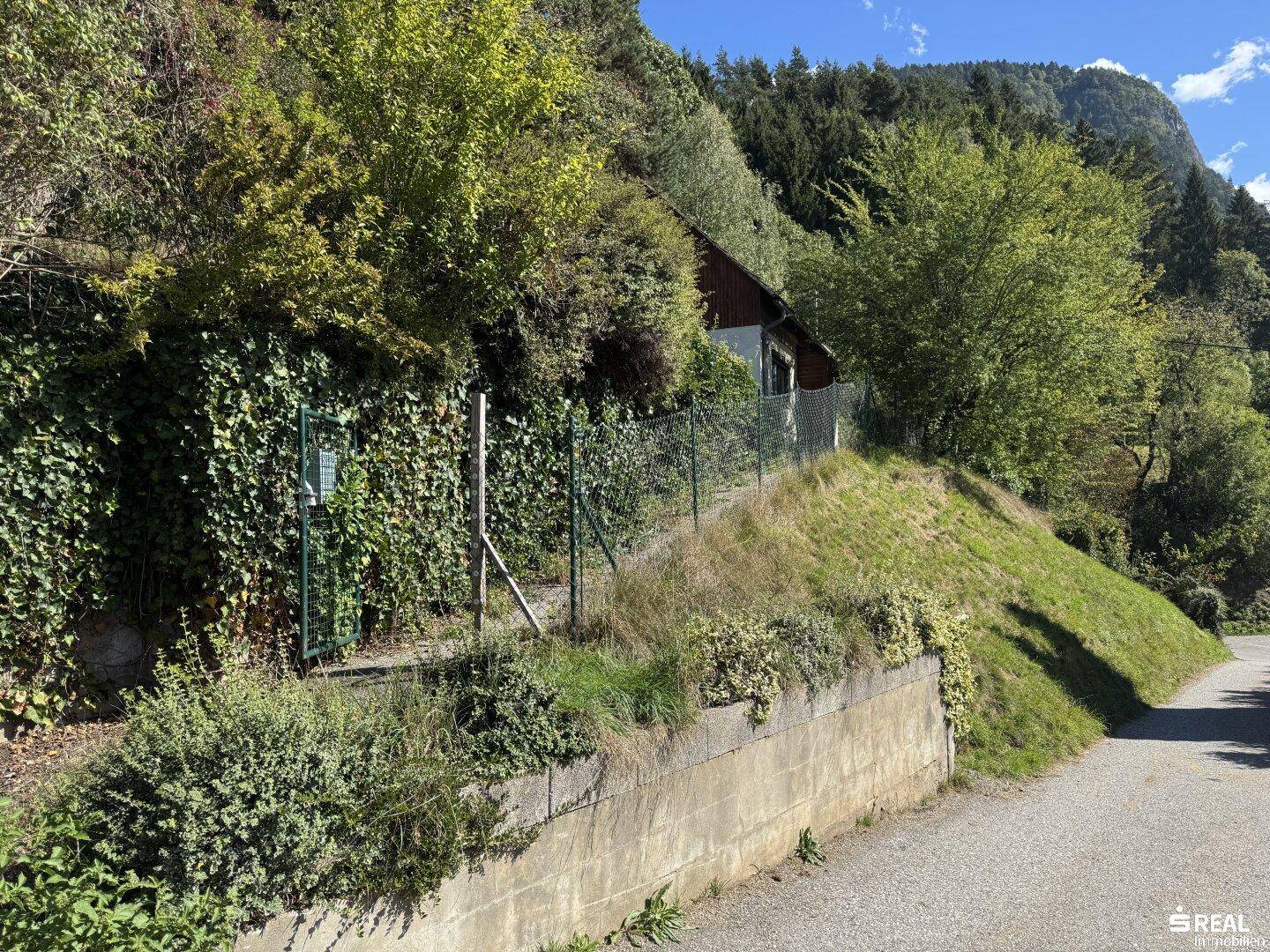 Grundstücksgrenze mit Efeu bewachsenem Zaun, Stützmauer und einem Feldweg neben dem Haus.