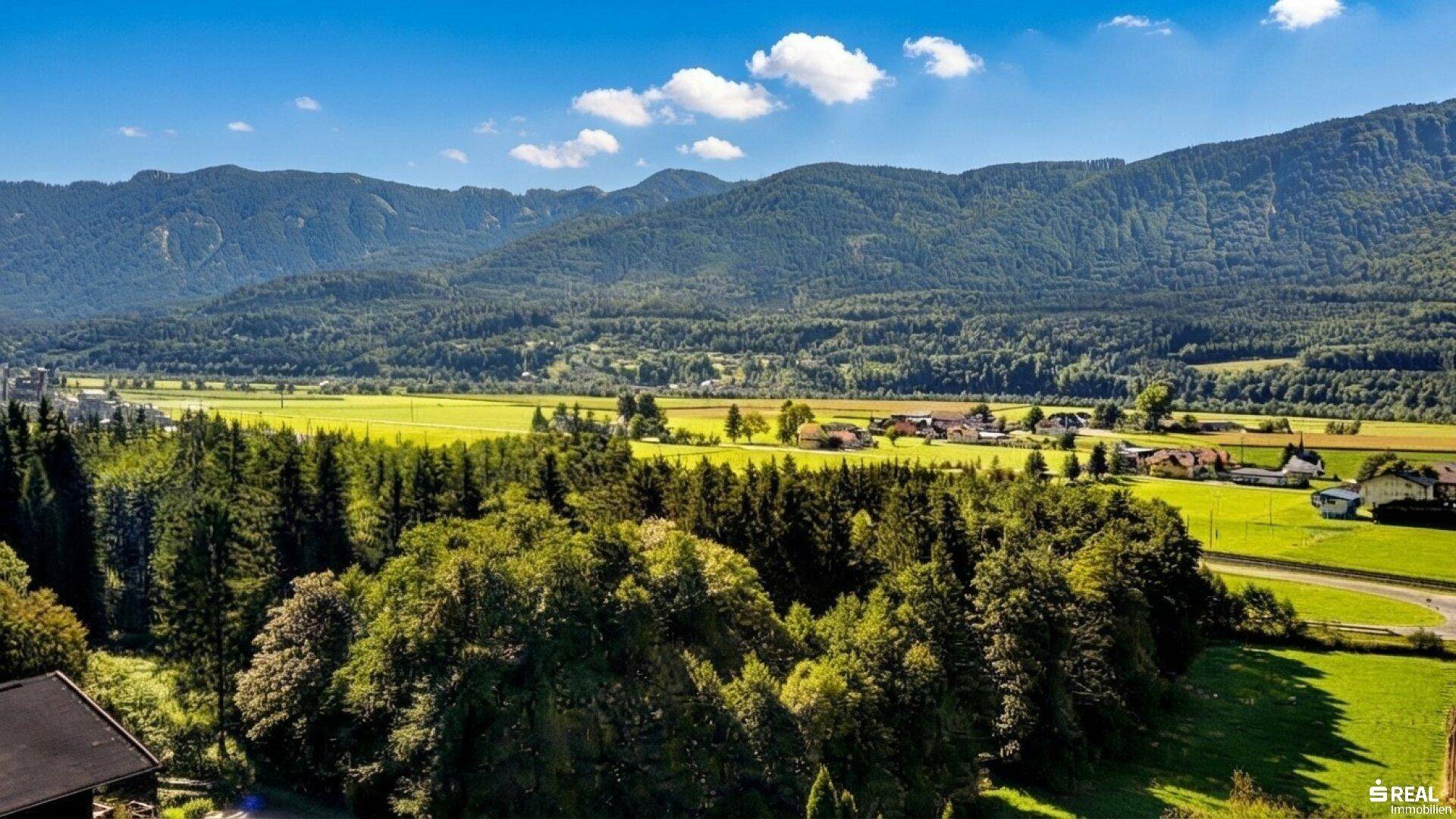 Panoramablick über ein grünes Tal mit weiten Feldern, Wäldern und majestätischen Bergen im Hintergrund.
