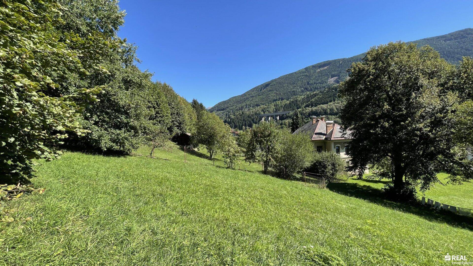 Weitläufige grüne Landschaft mit Bäumen, einem Haus im Hintergrund und Bergen unter klarem Himmel.
