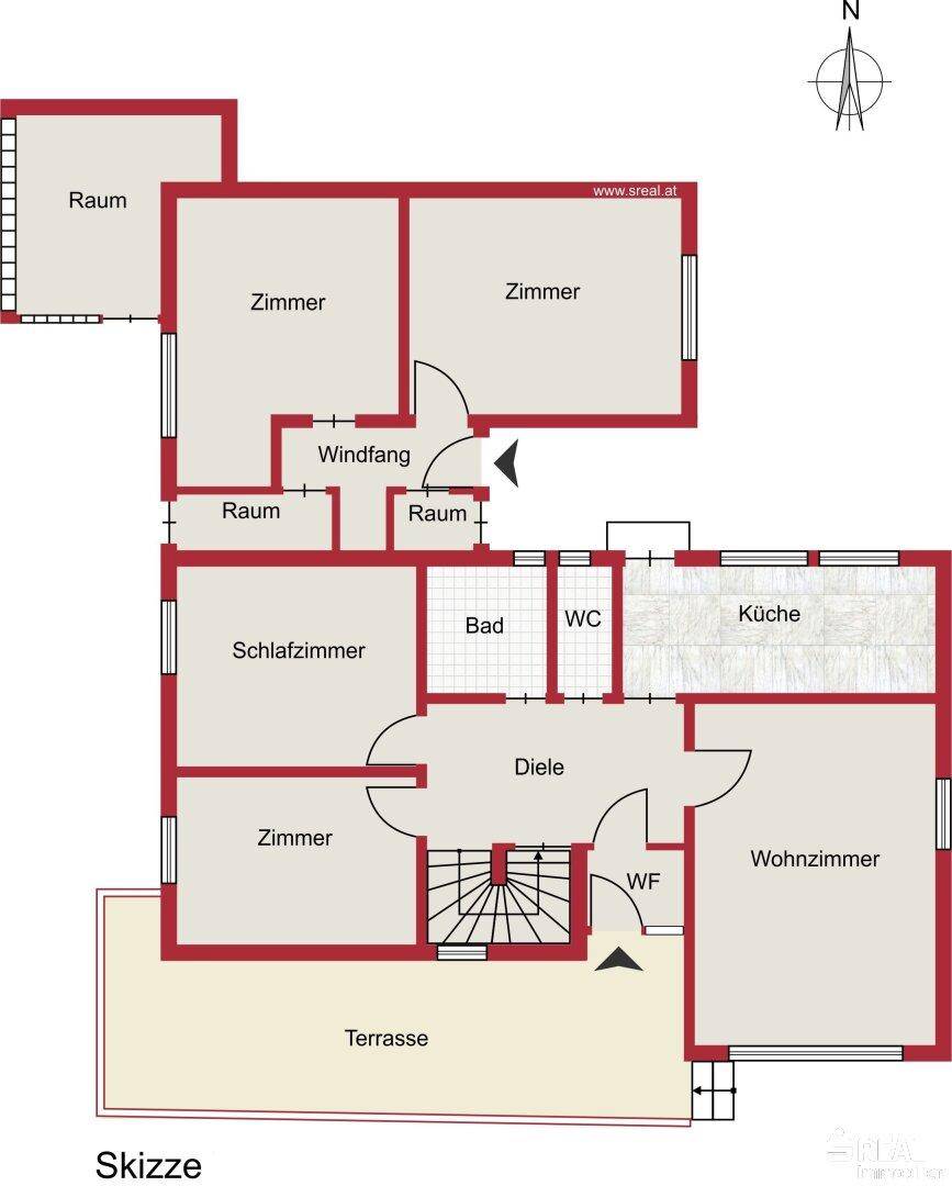 Detaillierter Grundriss mit Aufteilung in Wohnzimmer, Küche, Schlafzimmer und Terrasse.