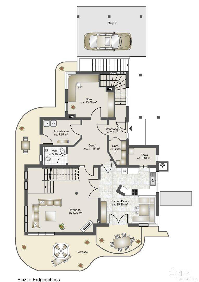 Grundriss des Erdgeschosses mit Wohnbereich, Küche, Büro und Terrasse.