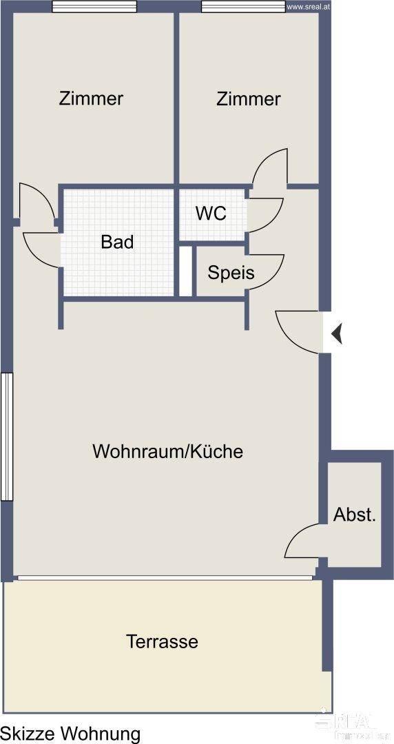 Grundriss einer Wohnung mit offenem Wohn-/Küchenbereich, zwei Zimmern und großer Terrasse.
