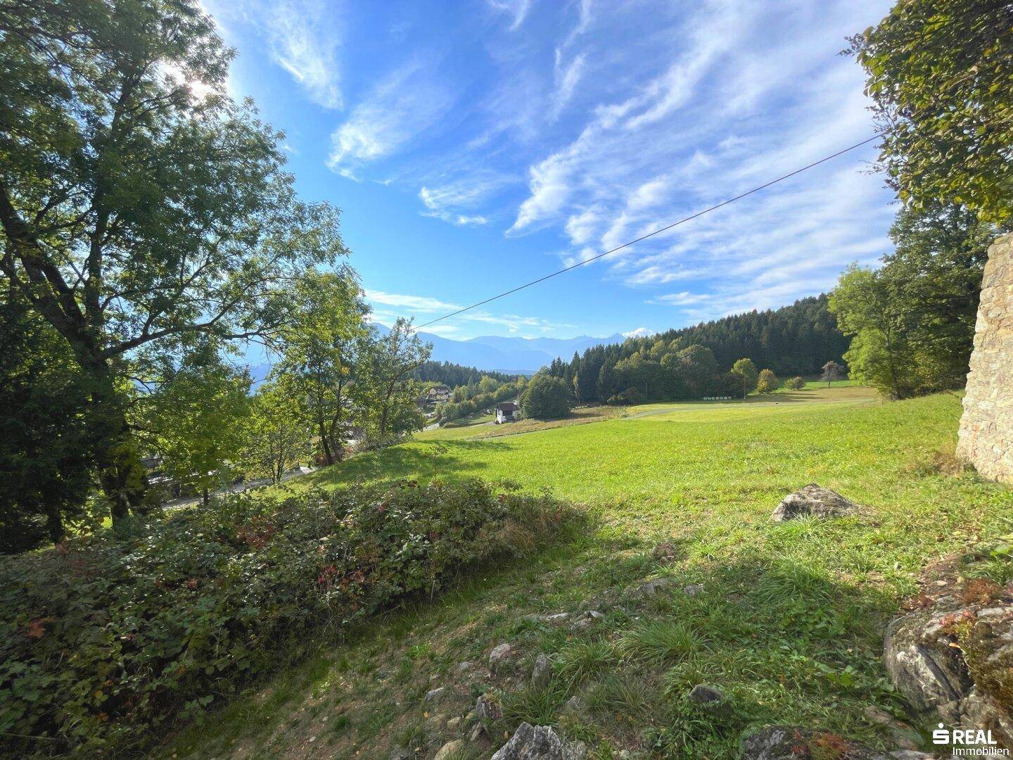Weitläufige grüne Wiesenlandschaft mit Fernblick auf die umliegenden Berge unter strahlend blauem Himmel.