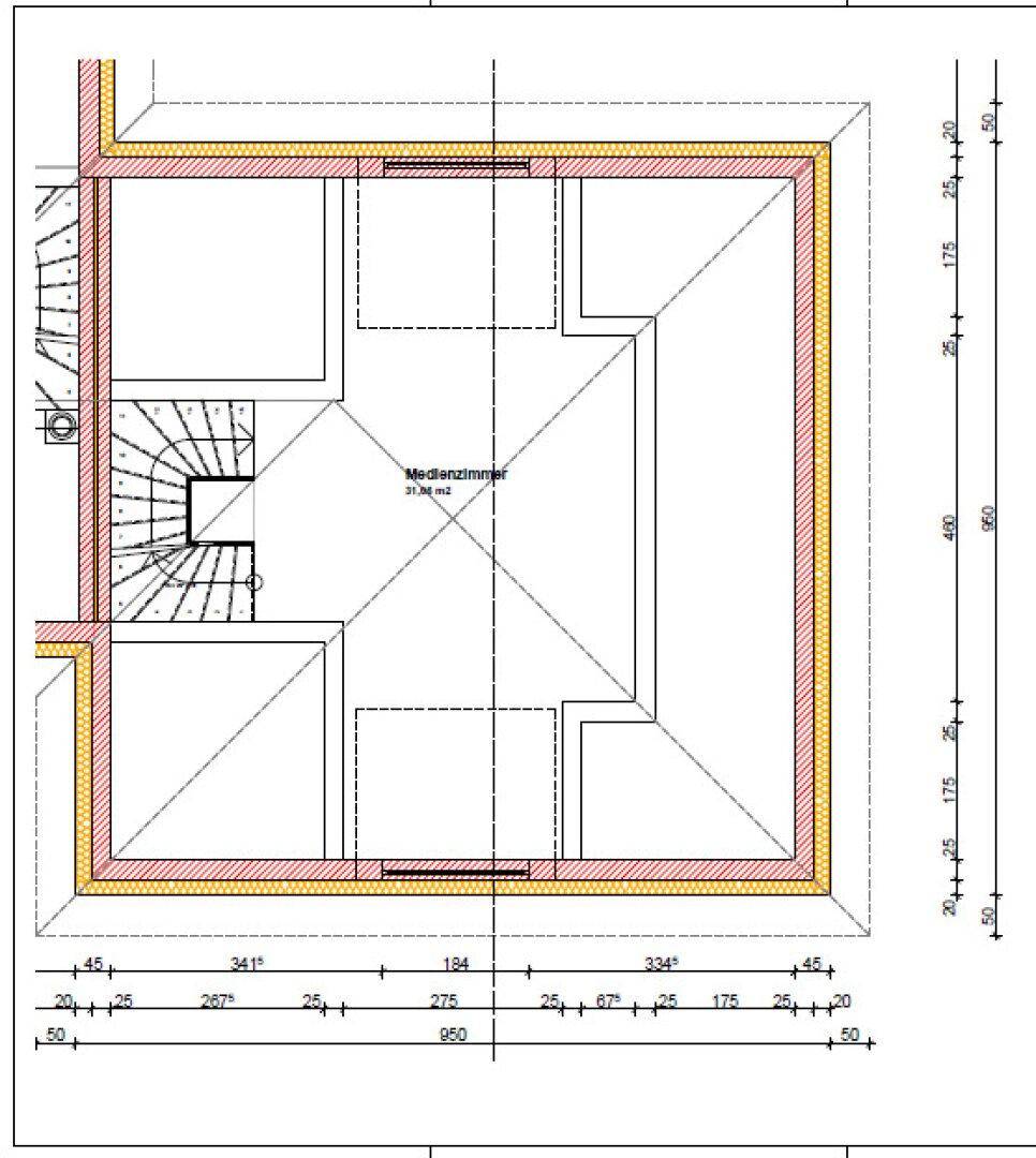 Grundriss des Dachgeschosses mit einem großen Medienzimmer und Dachschrägen.