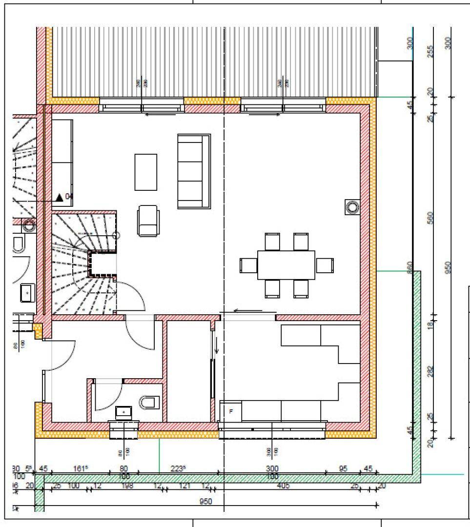 Grundriss des Erdgeschosses mit offenem Wohn- und Essbereich sowie Zugang zur Terrasse.