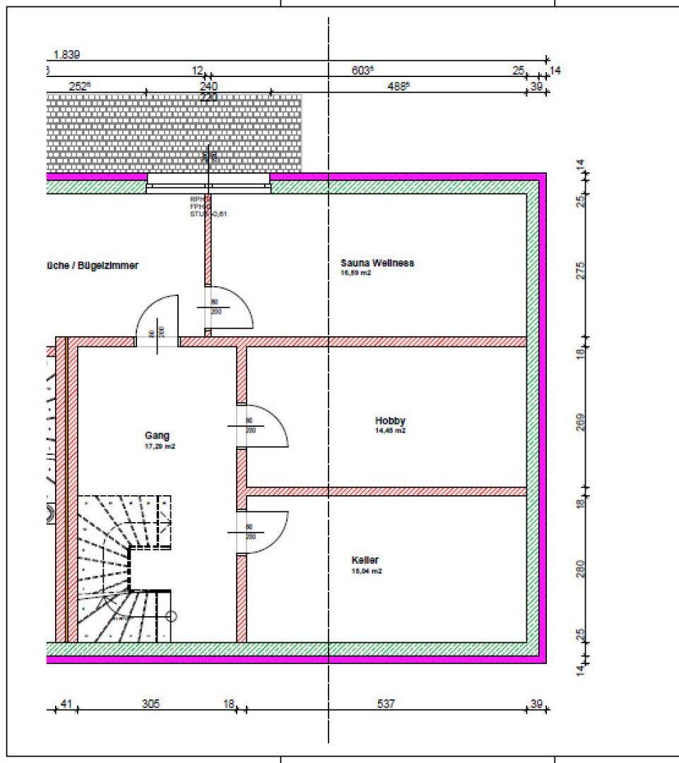 Grundriss des Untergeschosses mit Sauna, Hobbyraum und Keller.