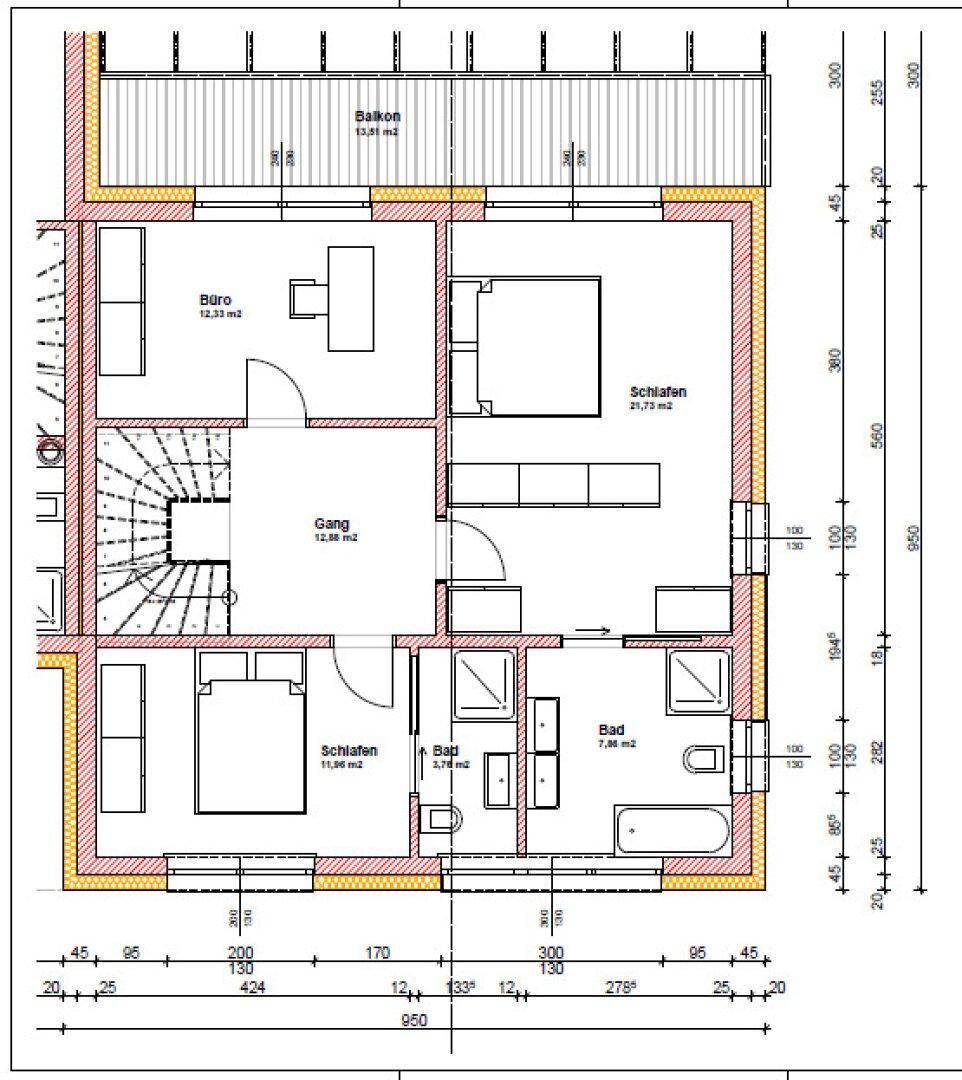 Grundriss des Obergeschosses mit drei Schlafzimmern, Büro und Badezimmern sowie Balkonzugang.