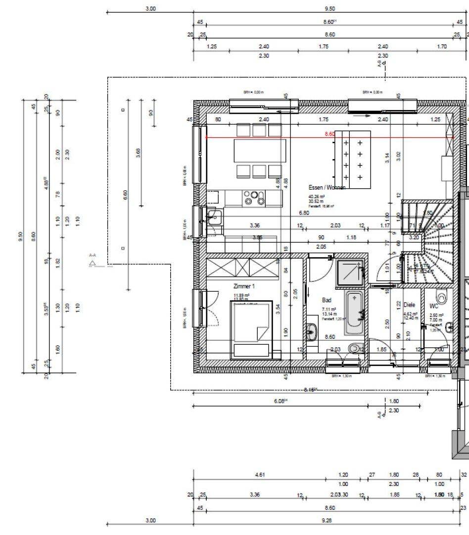 Grundriss des Erdgeschosses mit offenem Wohn-Essbereich, Schlafzimmer und Bad.