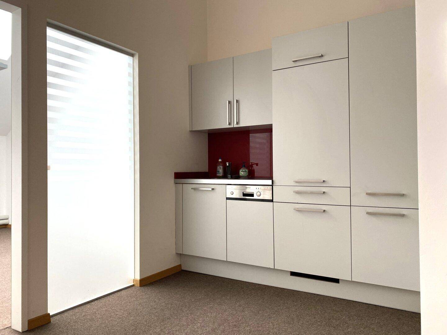 Kleine, moderne Küchenzeile mit hellgrauen Schränken, roter Rückwand und integriertem Geschirrspüler.