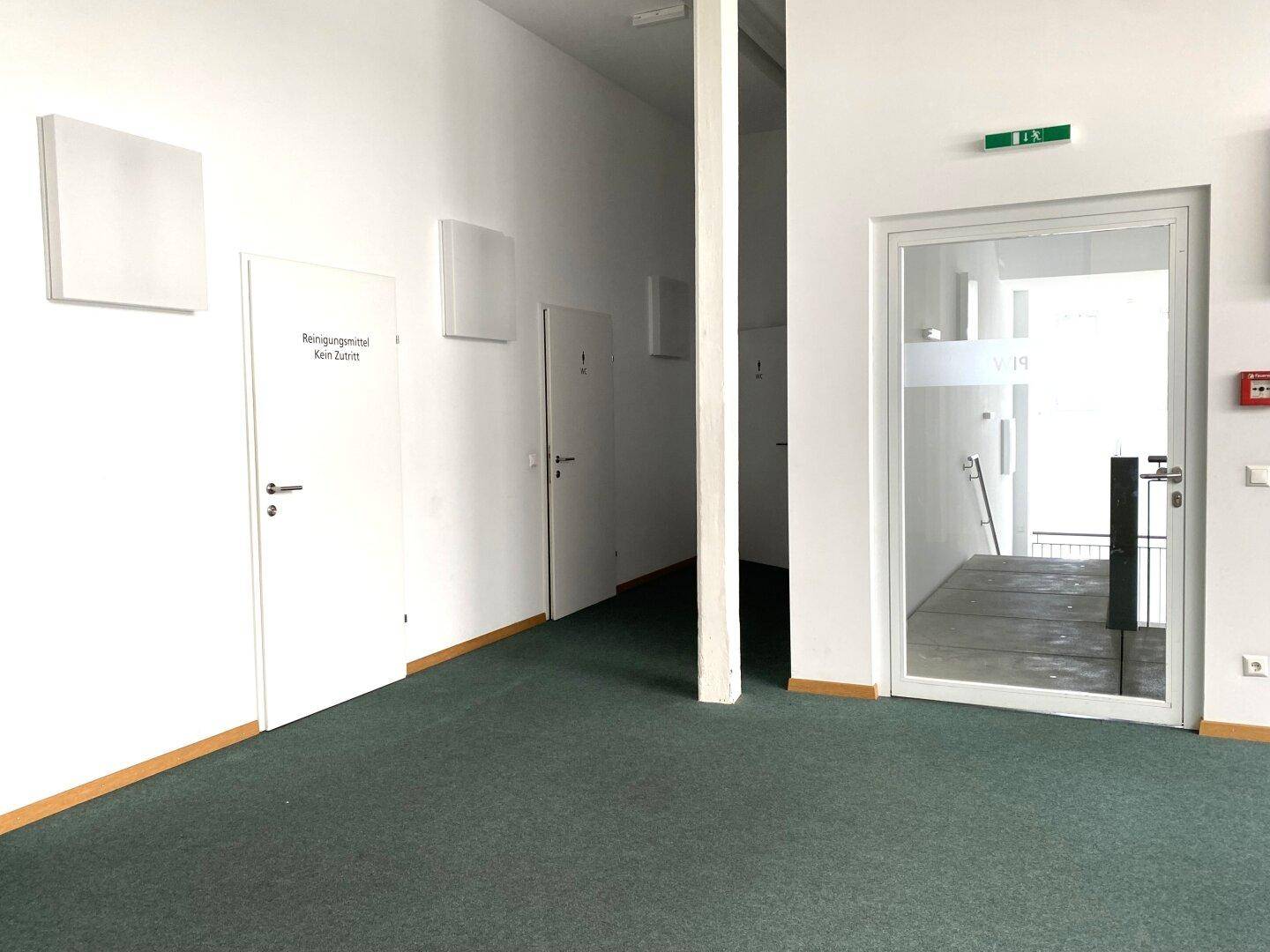 Heller Flur mit Teppichboden und mehreren Türen, darunter eine Glastür, die zu weiteren Bereichen führt.