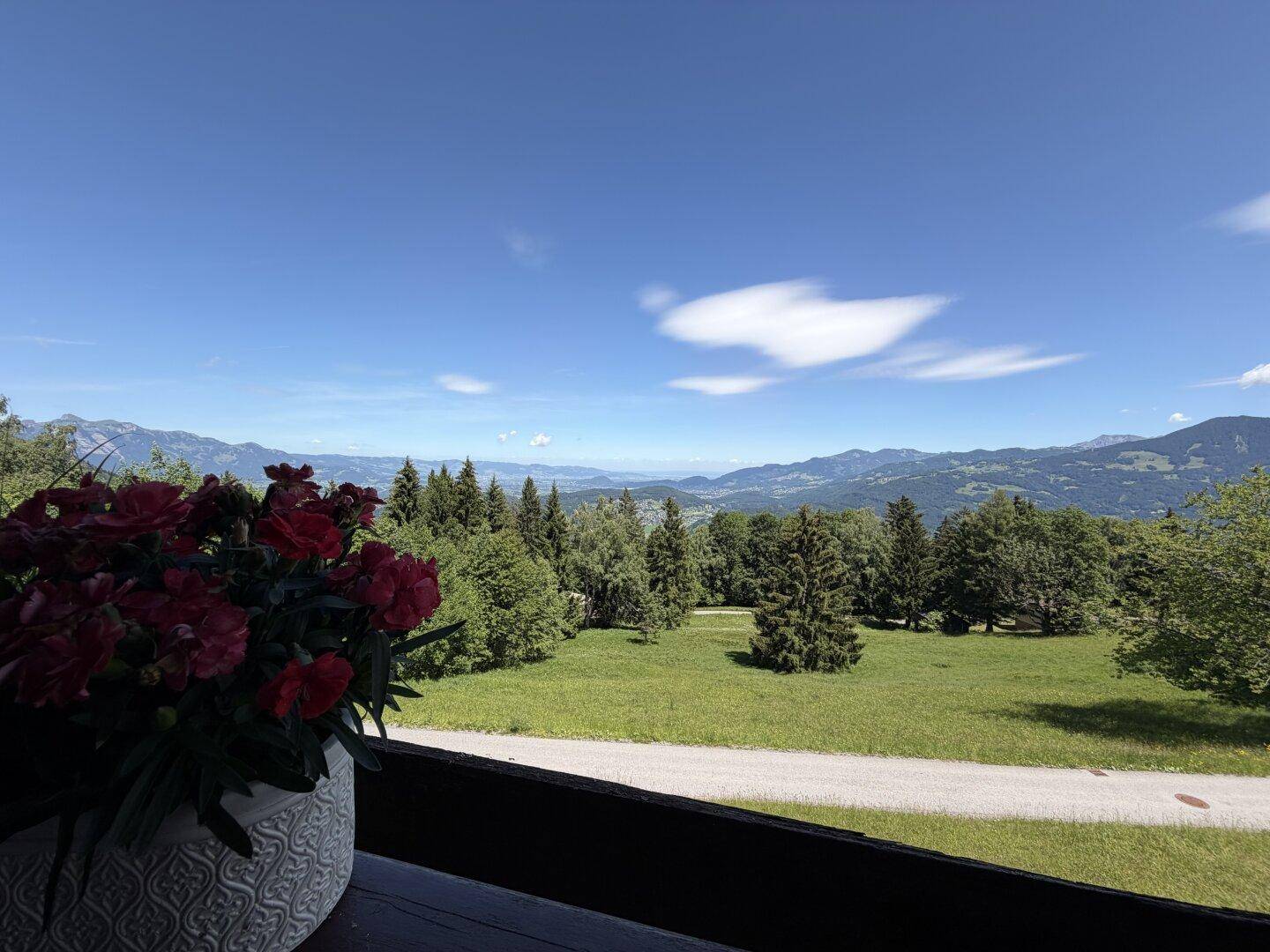 Atemberaubender Balkonblick auf eine weite Landschaft mit Bäumen, Feldern und fernen Bergen.