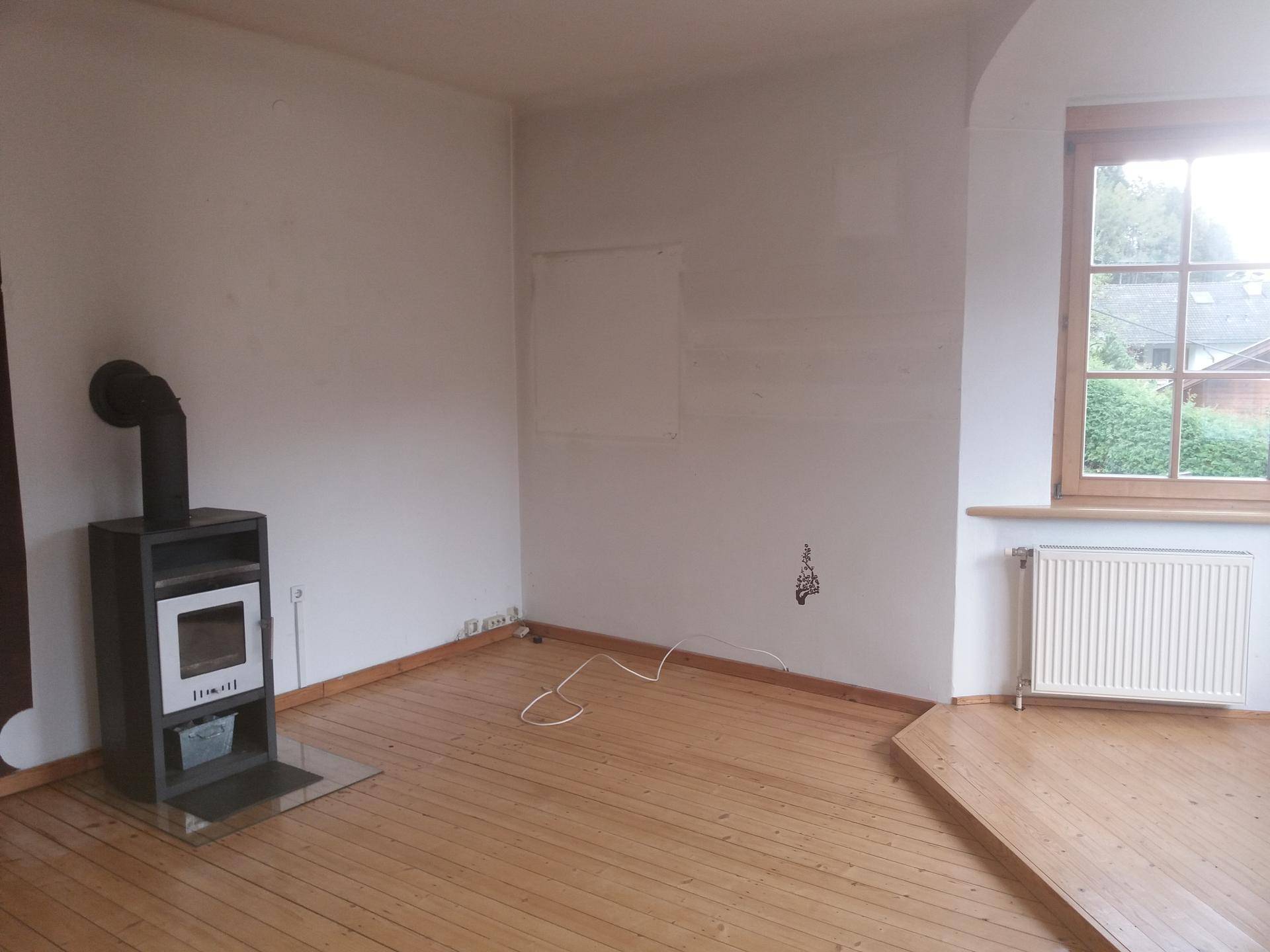 Gemütlicher Raum mit Holzdielenboden und einem modernen Holzofen, ideal für kalte Tage.